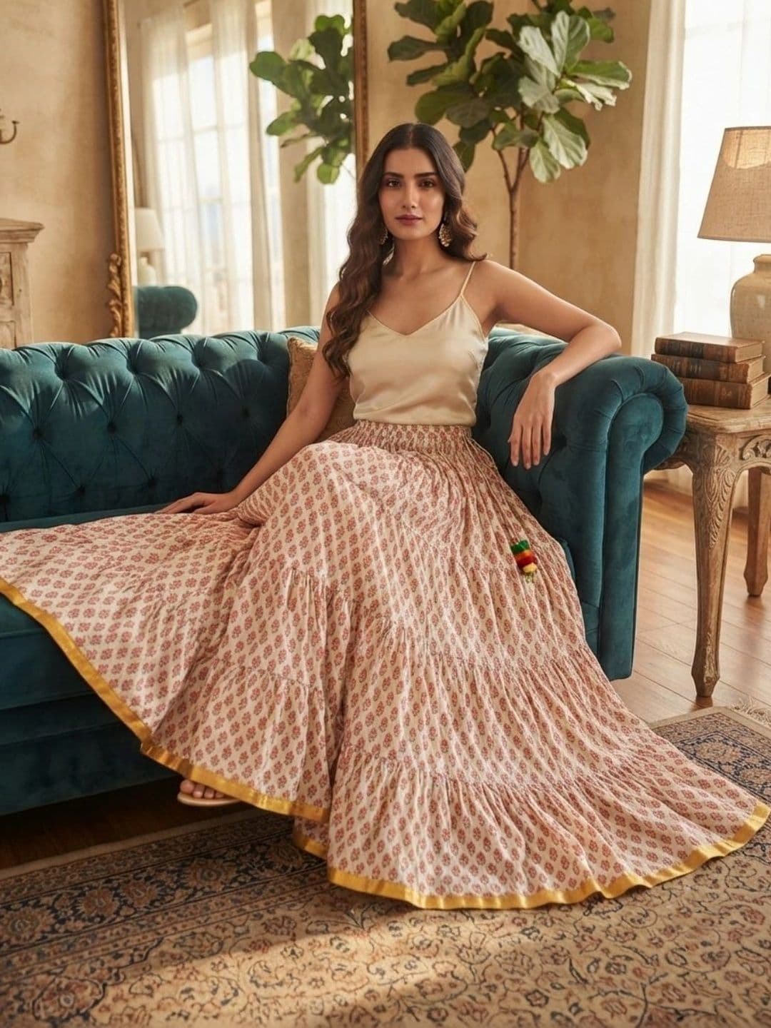 Pallakriti Fabrics Women Pure Cotton Blend Cotton Cambric Floral Maxi Flared Skirt thumbnail 3