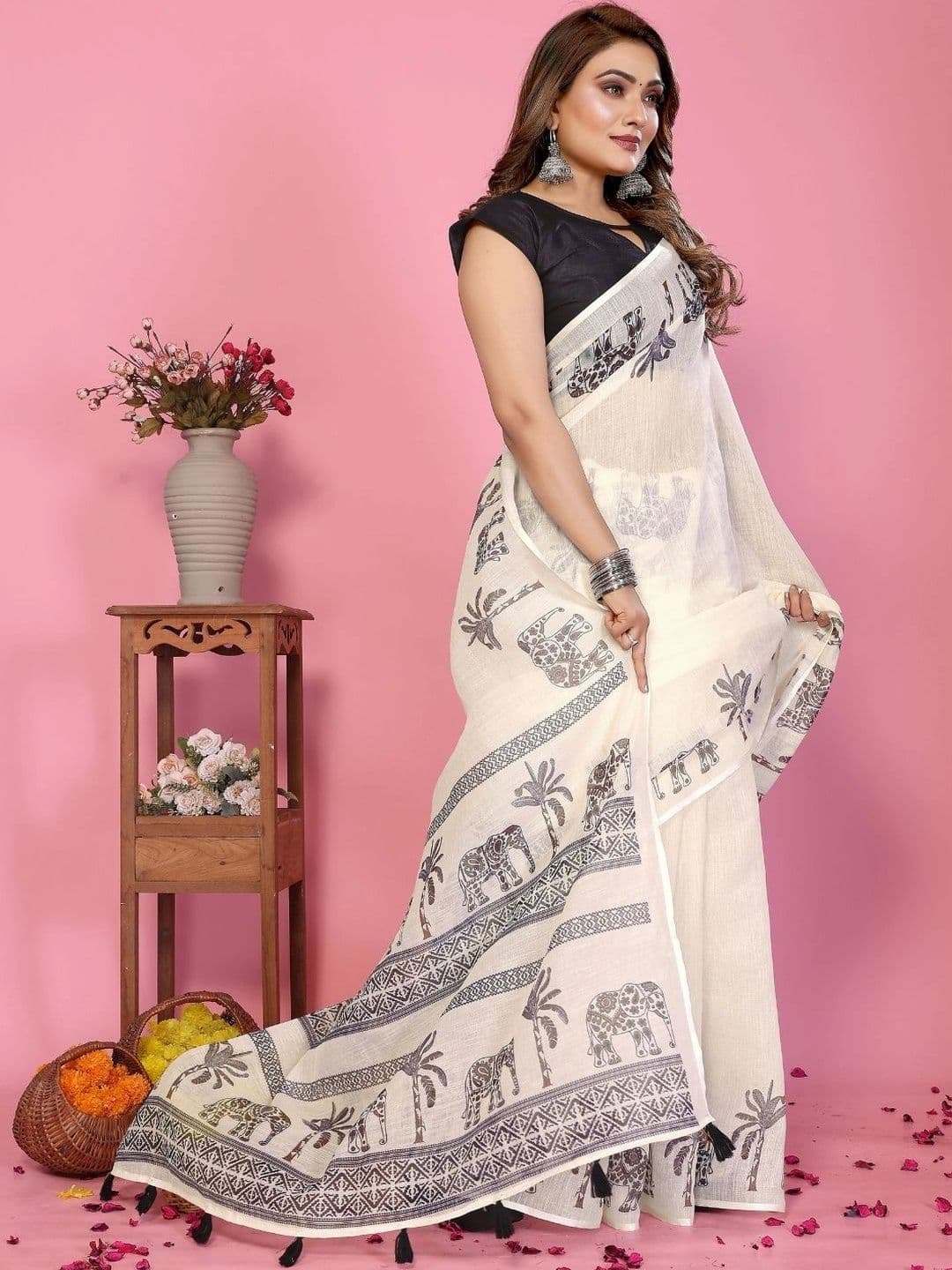Mitera Warli Linen Blend Designer Saree thumbnail 6
