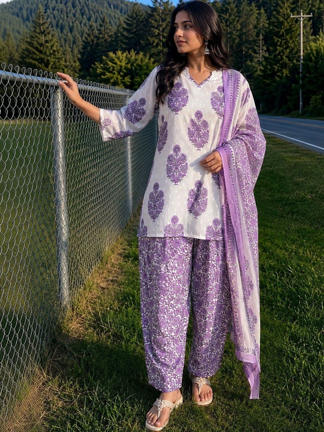 KALINI Women Floral Printed Regular Thread Work Pure Cotton Kurti with Palazzos & With Dupatta - view 1