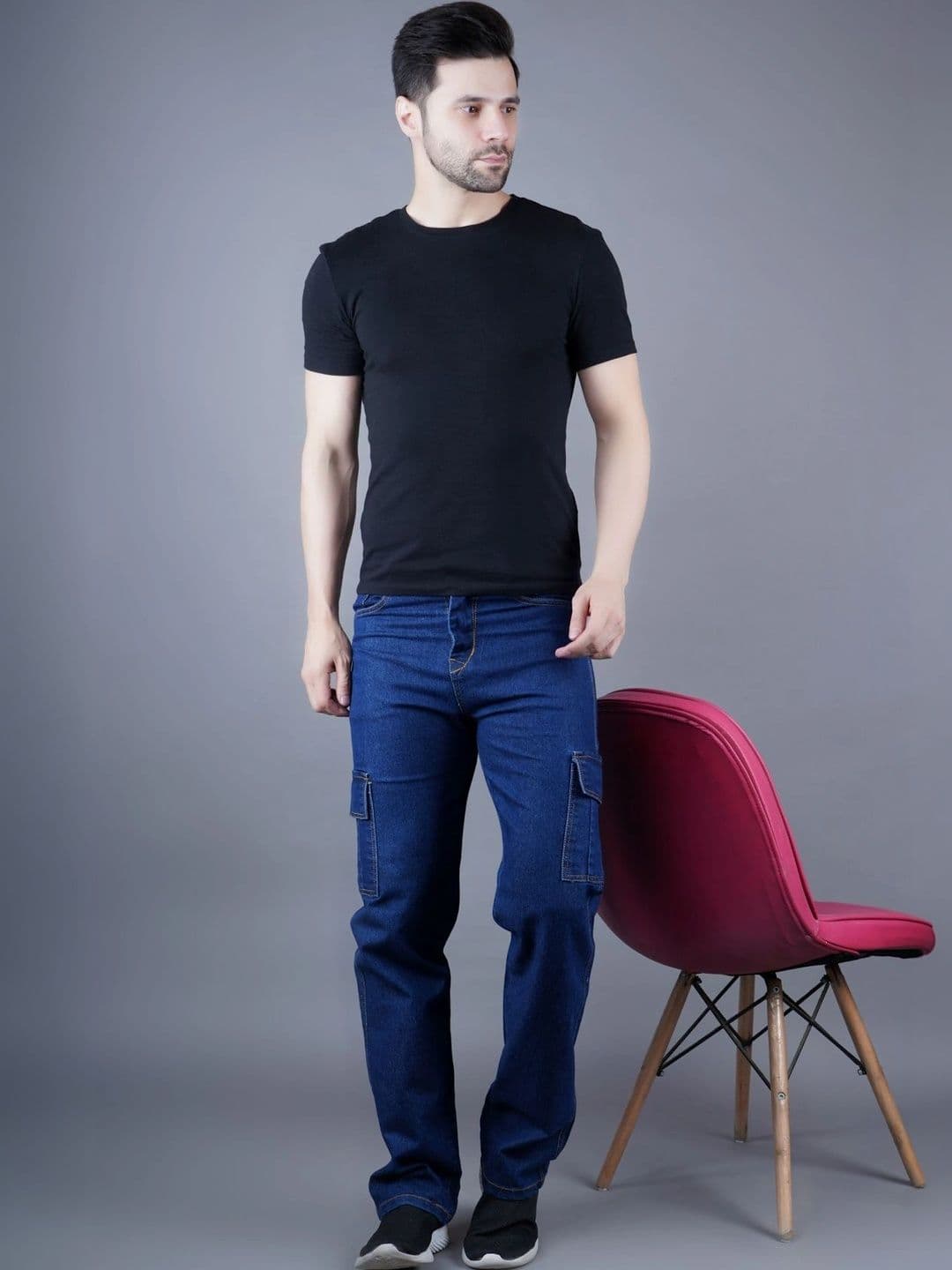 HERE&NOW Men's Mid-Rise Contrast-Stitched Straight Fit Cargo Jeans thumbnail 2