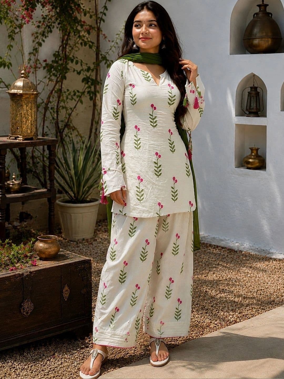 HERE&NOW Women Floral Printed Regular Pure Cotton Kurta with Palazzos & With Dupatta thumbnail 2