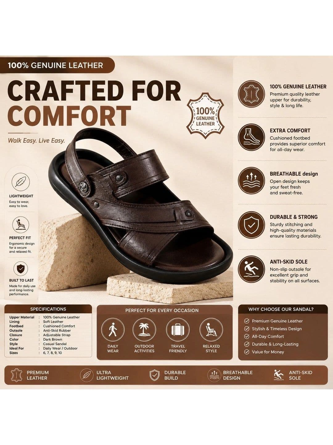 REAL BLISS Men Comfort Cross Strap Pure Leather Flip Flops thumbnail 3