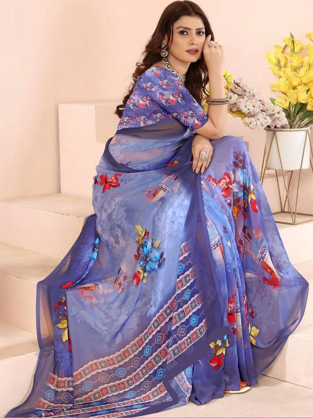 Mitera Floral Pure Georgette Designer Saree thumbnail 6