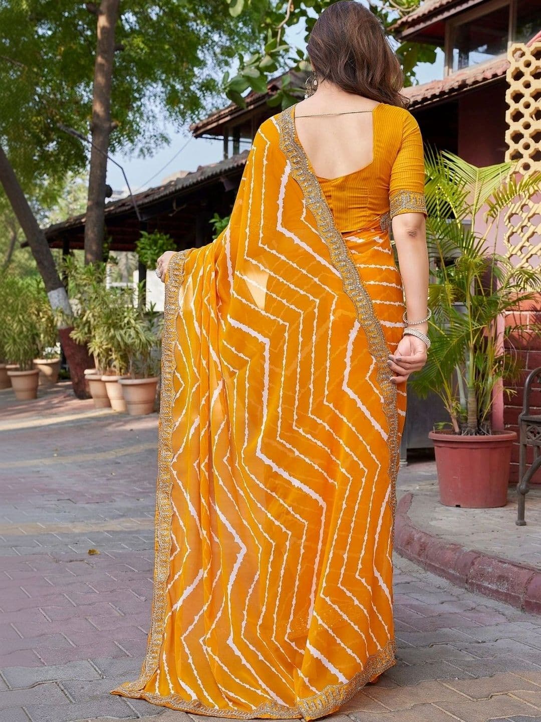 Mitera Leheriya Embroidered Pure Georgette Designer Saree thumbnail 3