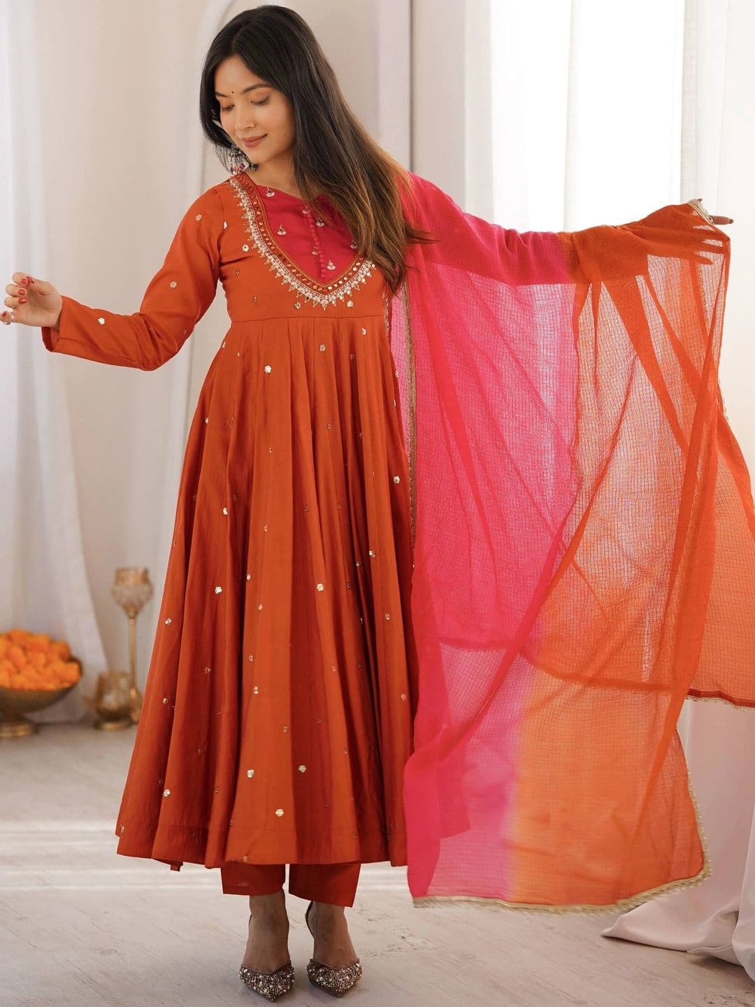 NORAFLEX Women Ethnic Motifs Empire Sequinned Kurta with Trousers & With Dupatta thumbnail 4