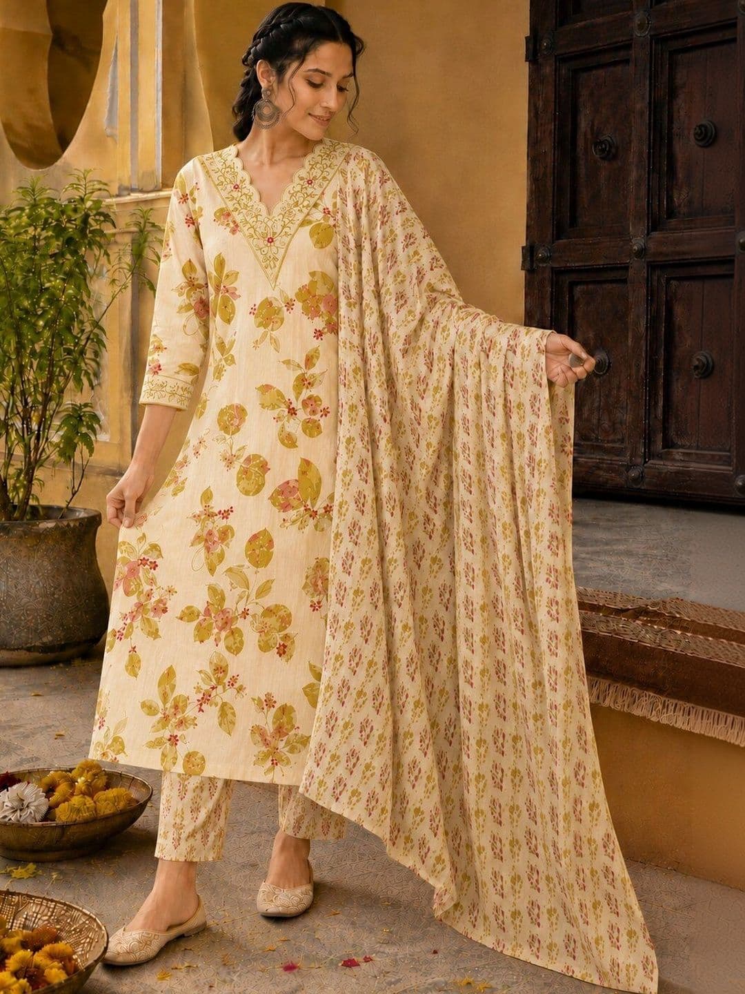 KALINI Women Floral Printed Regular Gotta Patti Pure Cotton Kurta with Trousers & Dupatta thumbnail 5