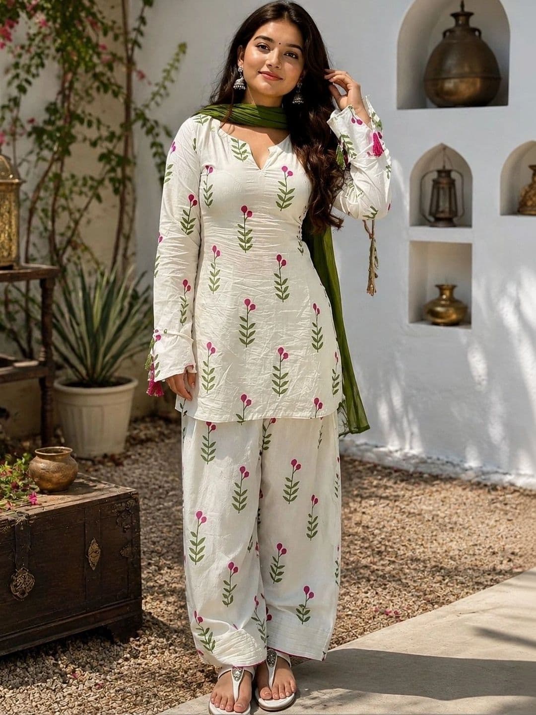 HERE&NOW Women Floral Printed Regular Pure Cotton Kurta with Palazzos & With Dupatta thumbnail 3