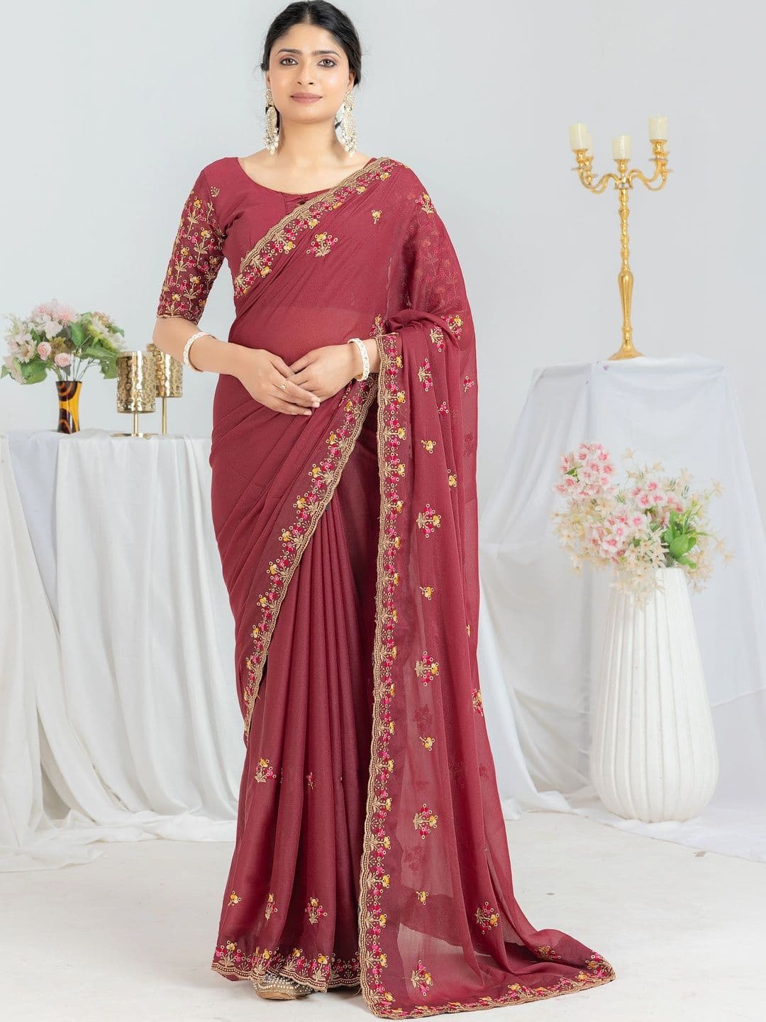 Vastra Drape Floral Embroidered Poly Georgette Saree thumbnail 2