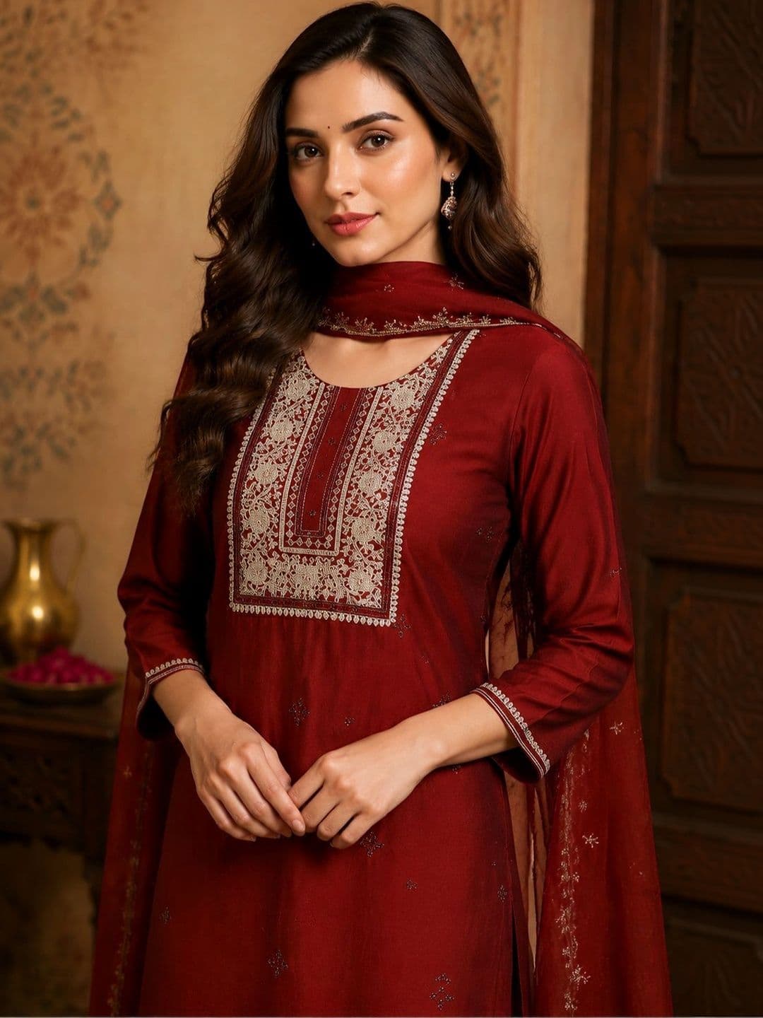 Bunai Women Ethnic Motifs Embroidered Regular Thread Work Kurta with Trousers & With Dupatta thumbnail 4