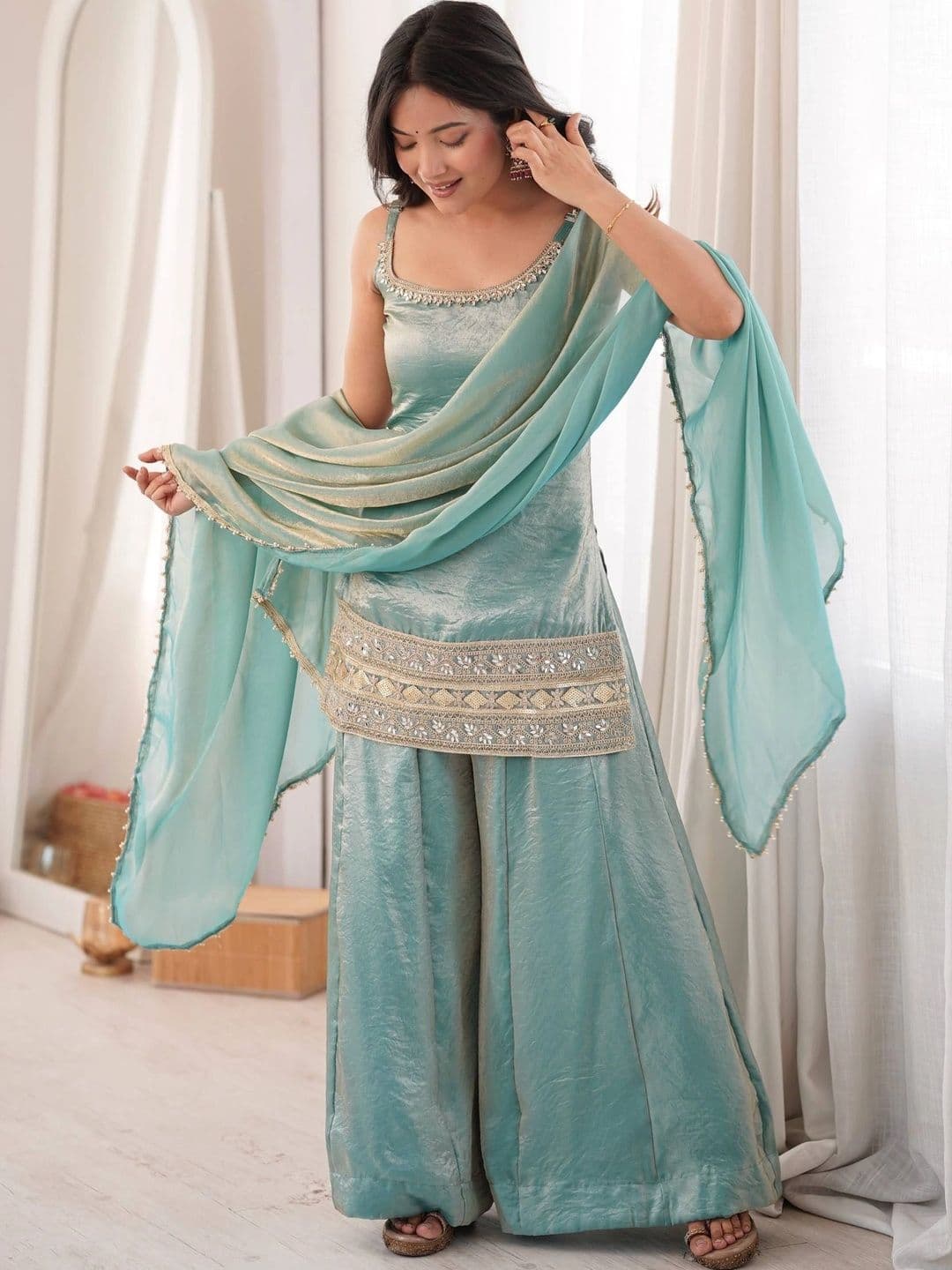 VastraBazaar Women Regular Sequinned Pure Silk Kurti with Sharara & With Dupatta thumbnail 5