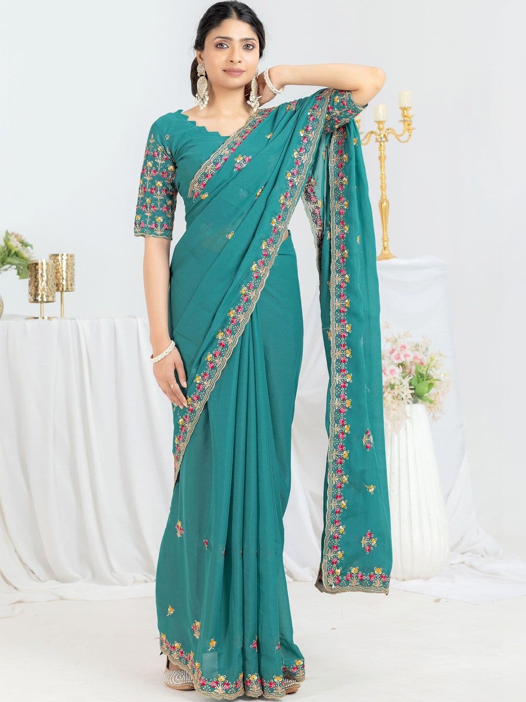 Saanvi Floral Embroidered Poly Georgette Saree - view 1