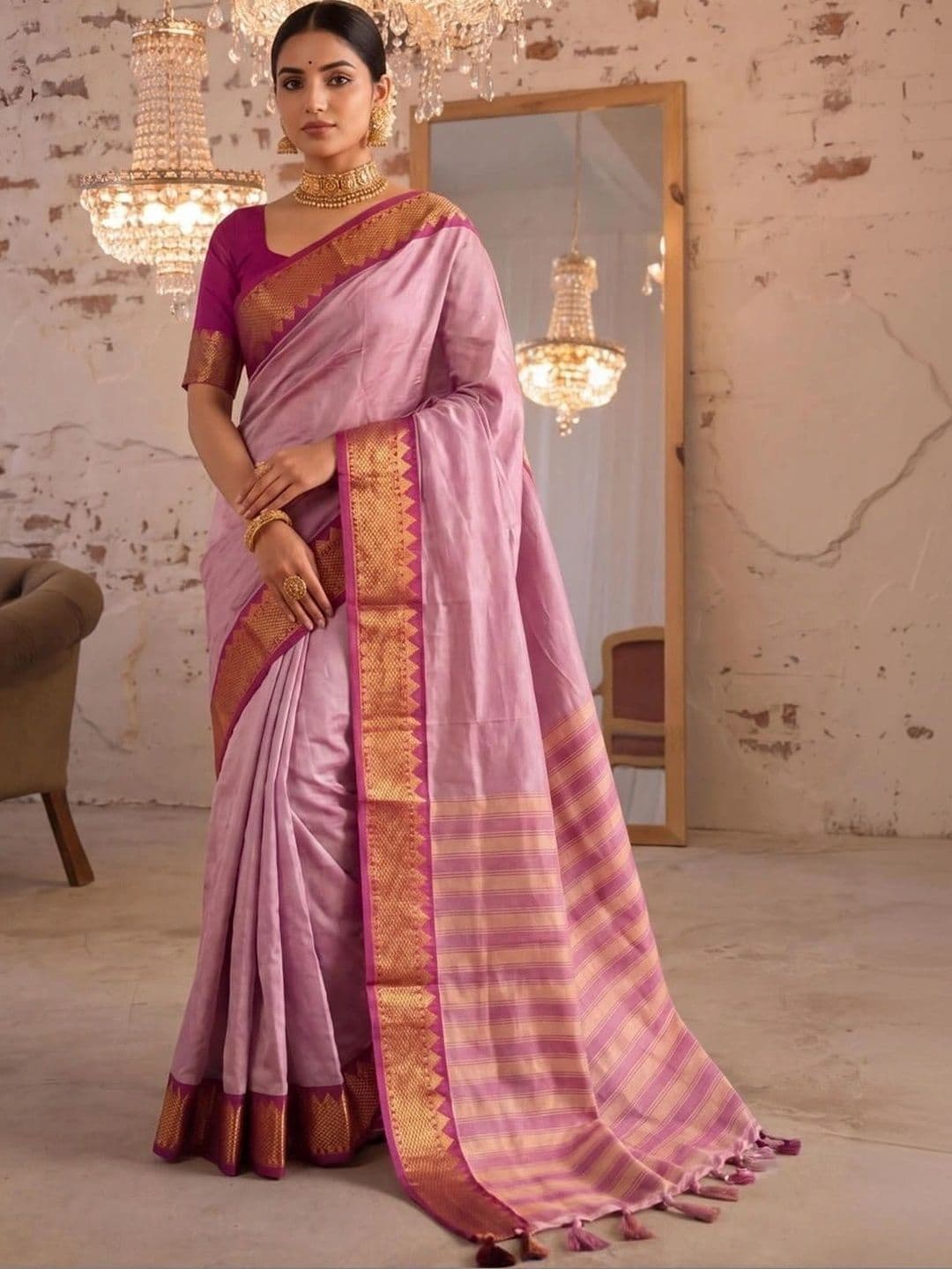 SAMANTHA Striped Zari Silk Blend Banarasi Saree - view 1