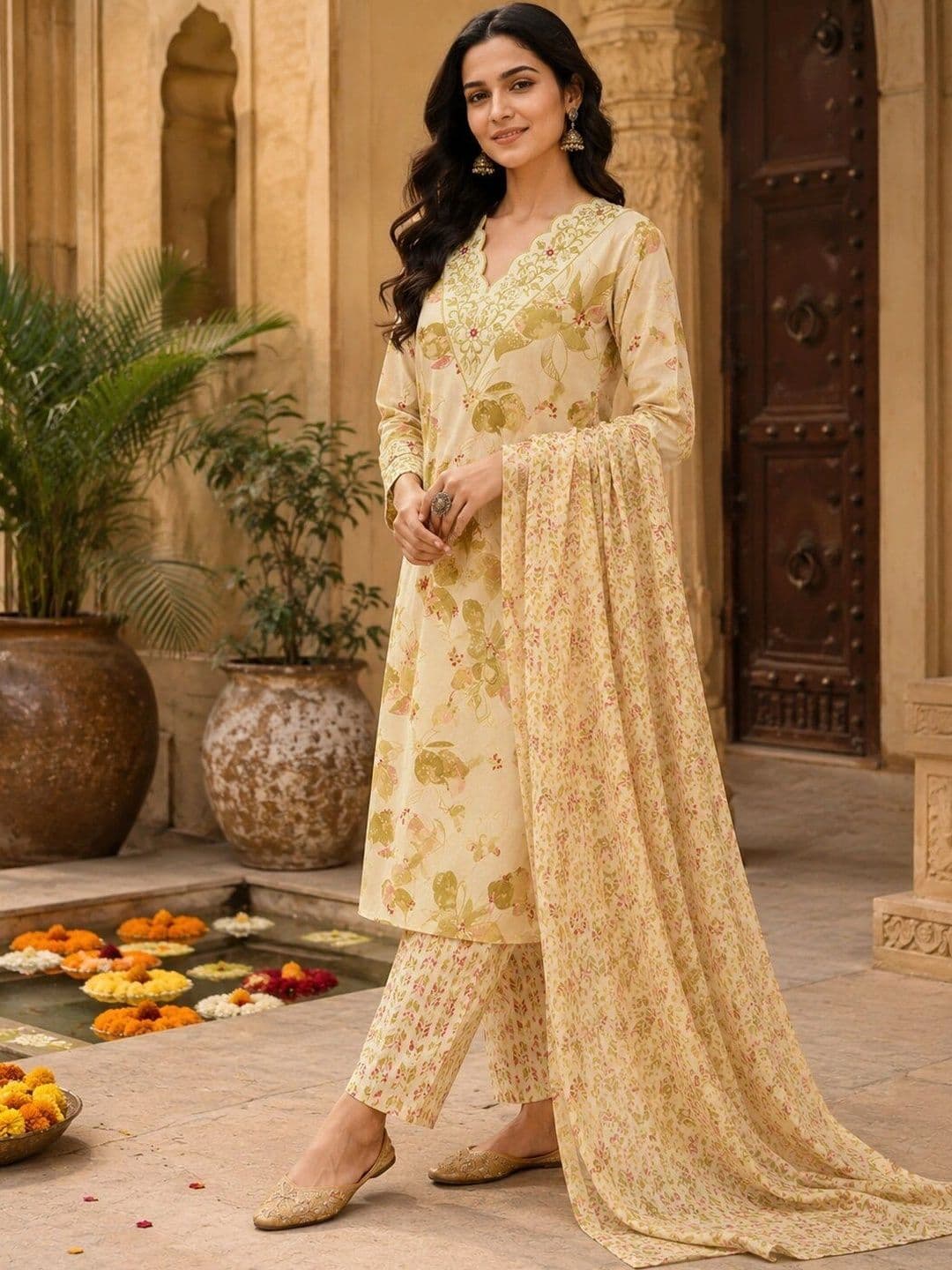 KALINI Women Floral Printed Regular Gotta Patti Pure Cotton Kurta with Trousers & Dupatta thumbnail 2