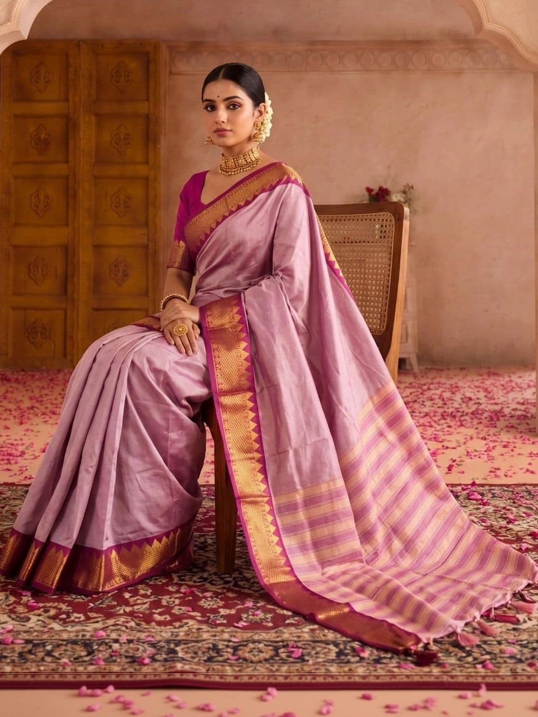 SAMANTHA Striped Zari Silk Blend Banarasi Saree thumbnail 4