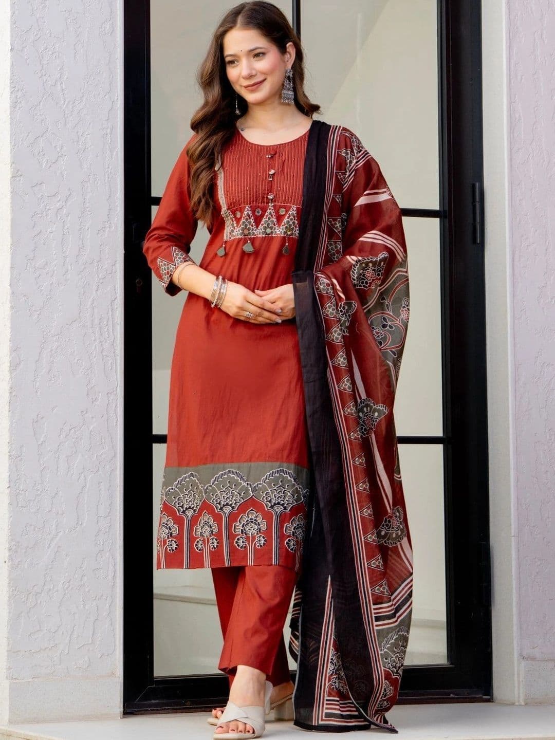 Amayra Women Ethnic Motifs Printed Panelled Mirror Work Pure Cotton Kurta with Trousers & With Dupatta - view 1