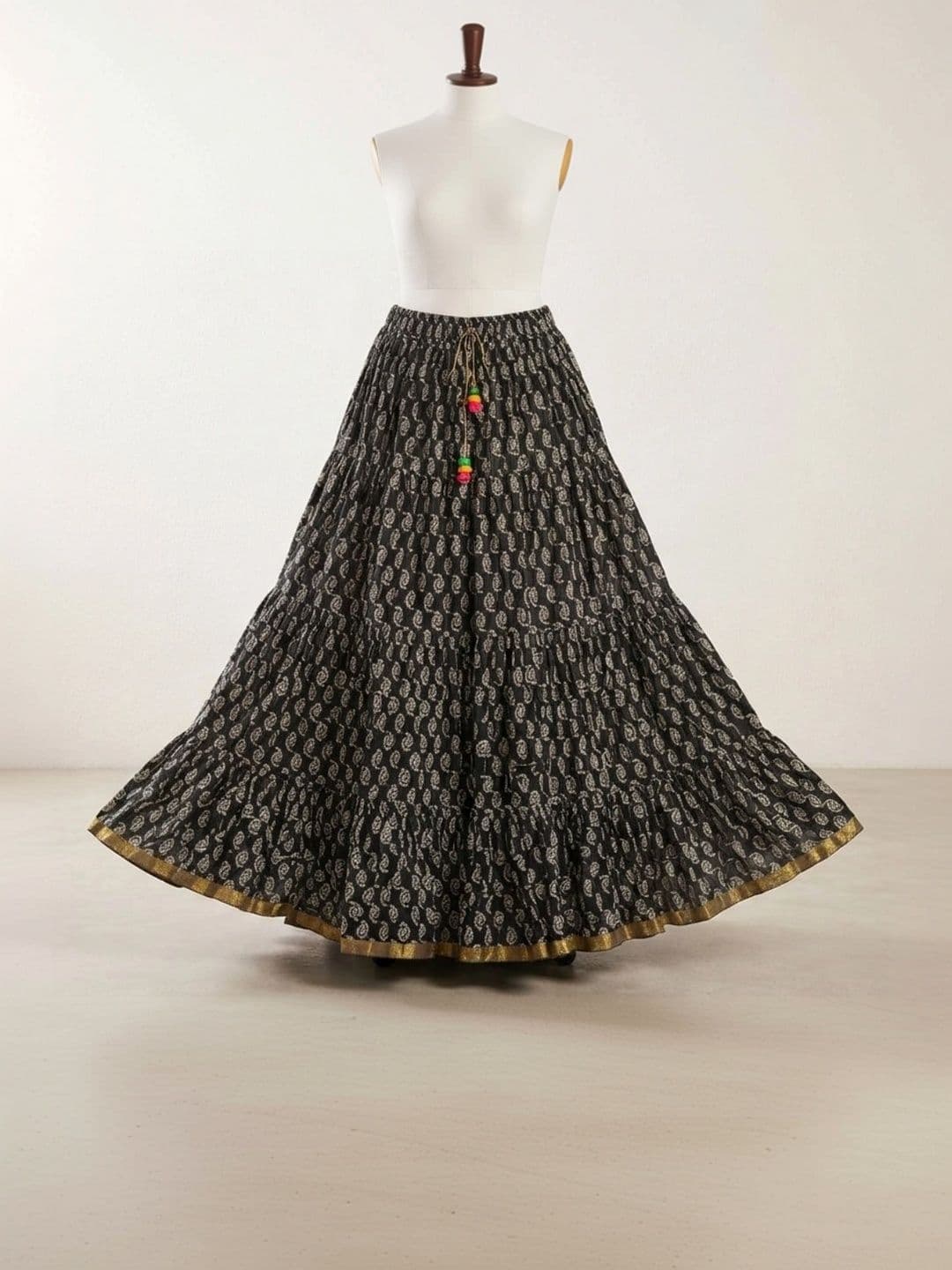 Pallakriti Fabrics Women Pure Cotton Blend Cotton Cambric Paisley Tiered Maxi Flared Skirt thumbnail 3