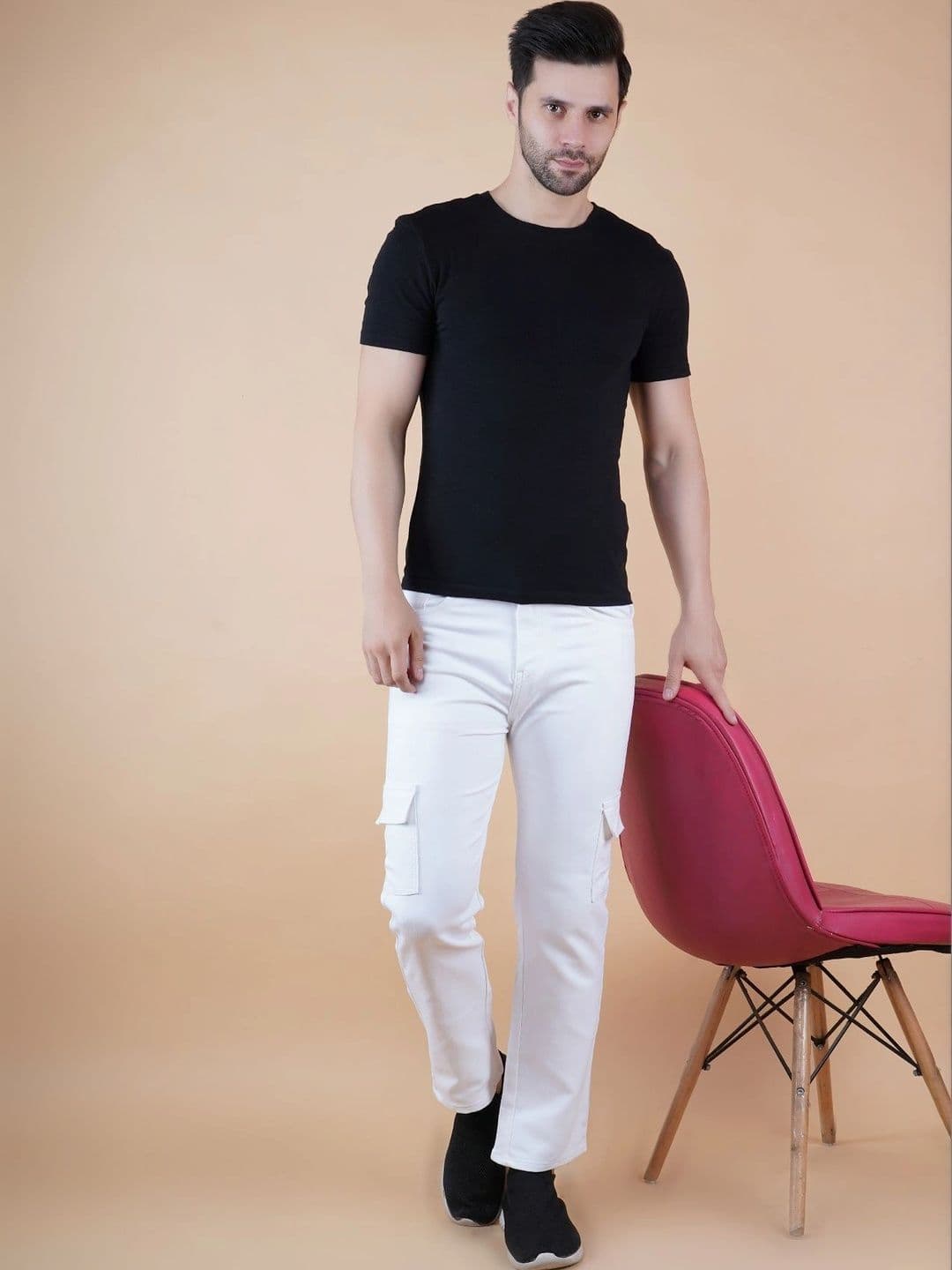 HERE&NOW Men's Pristine White Mid-Rise Cargo Straight Jeans thumbnail 2