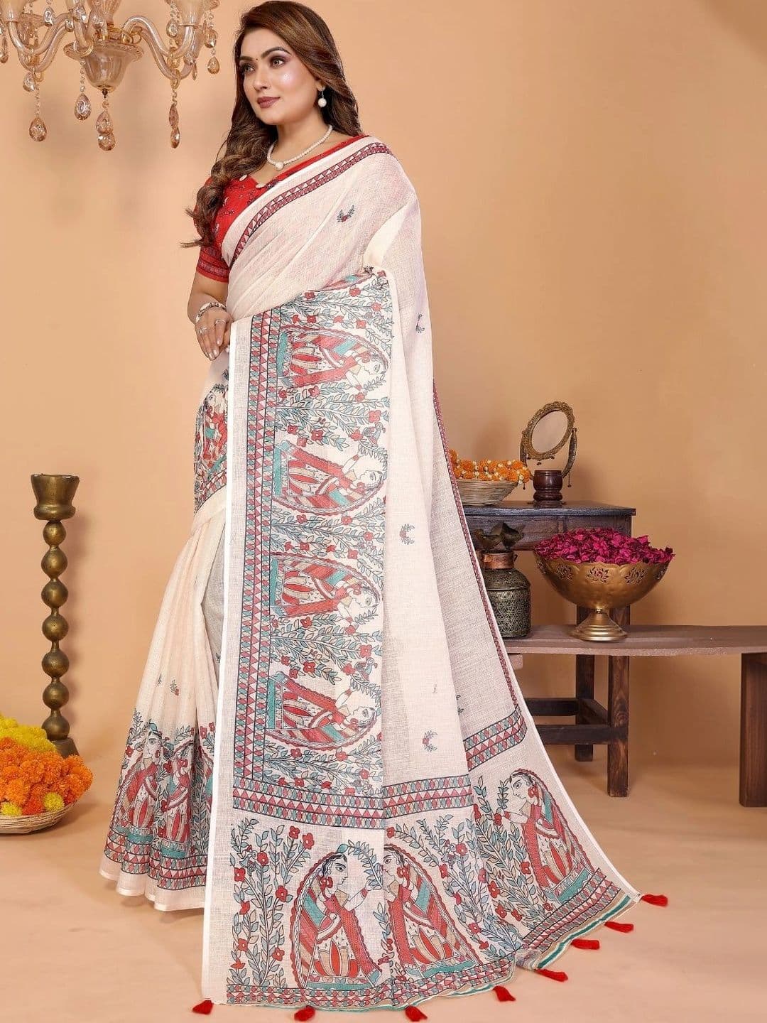 Mitera Kalamkari Linen Blend Designer Saree thumbnail 3