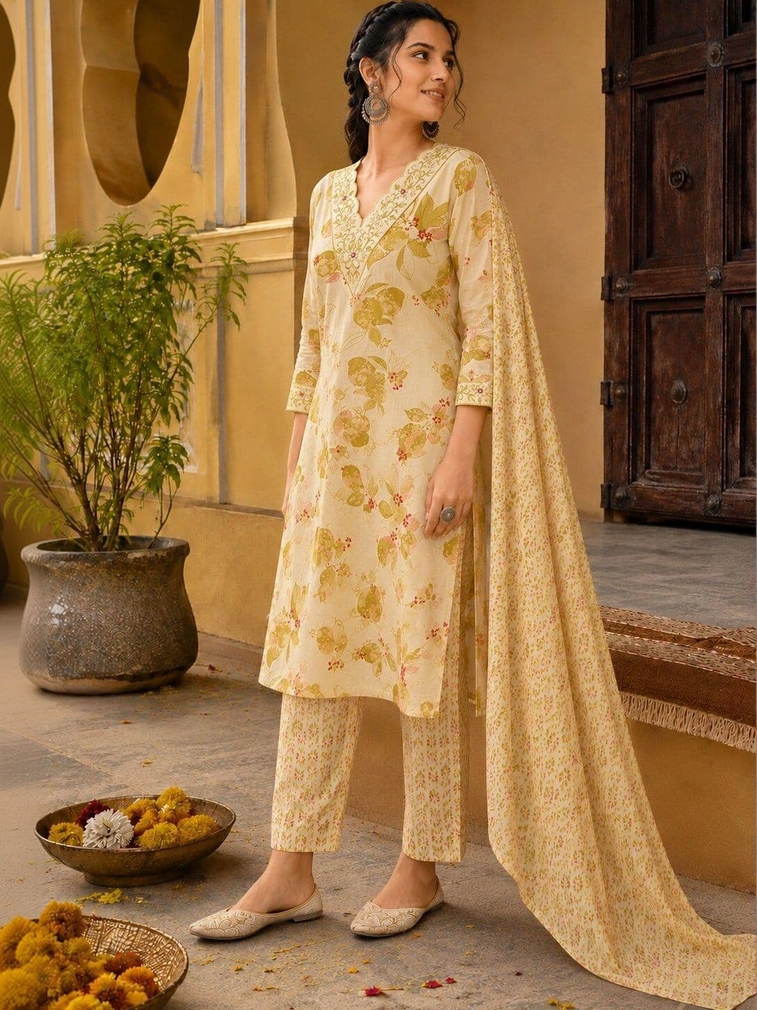 KALINI Women Floral Printed Regular Gotta Patti Pure Cotton Kurta with Trousers & Dupatta thumbnail 4