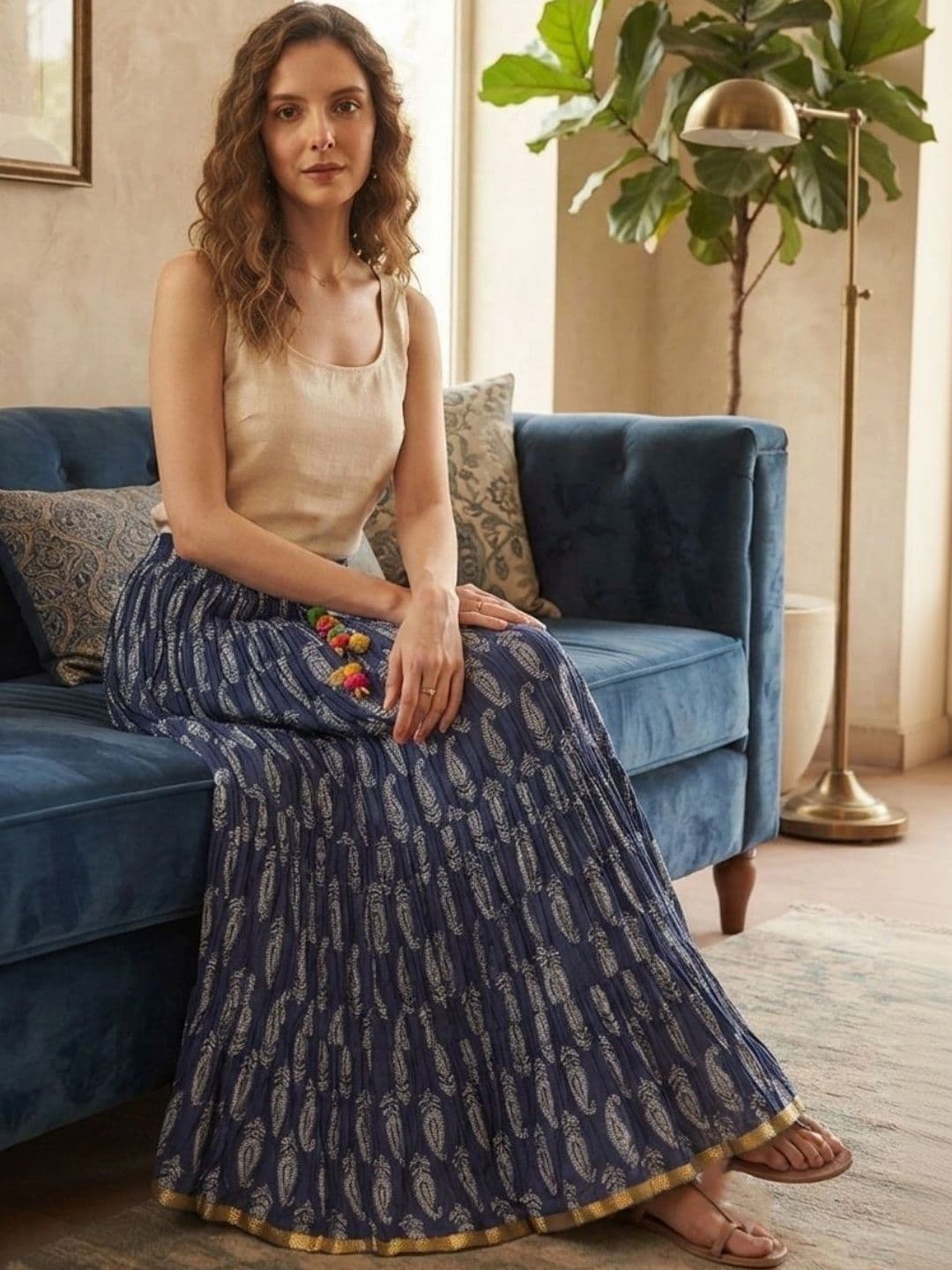 Pallakriti Fabrics Women Pure Cotton Blend Cotton Cambric Paisley Bohemian Maxi Flared Skirt thumbnail 5
