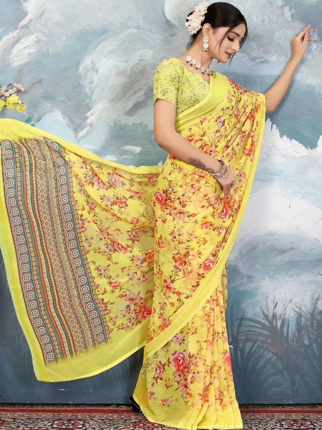 Mitera Floral Pure Georgette Designer Saree thumbnail 6
