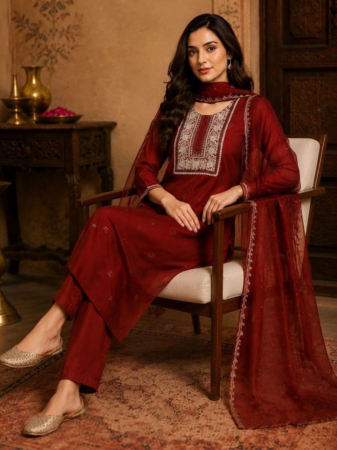 Bunai Women Ethnic Motifs Embroidered Regular Thread Work Kurta with Trousers & With Dupatta thumbnail 5