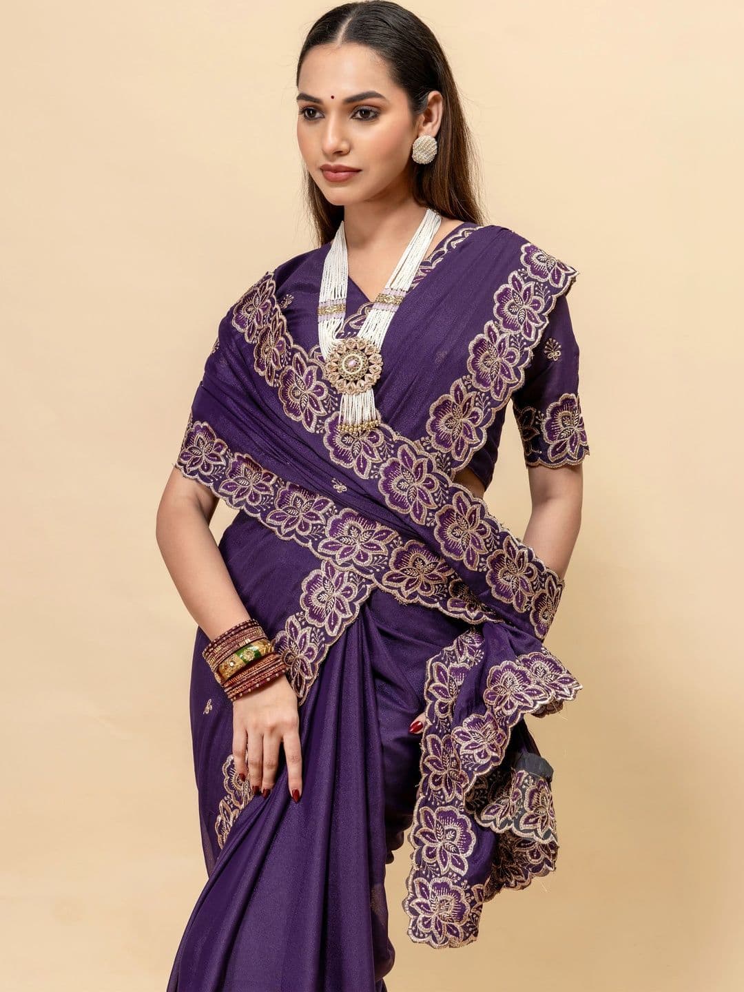 Vastra Drape Embellished Embroidered Poly Georgette Saree thumbnail 2