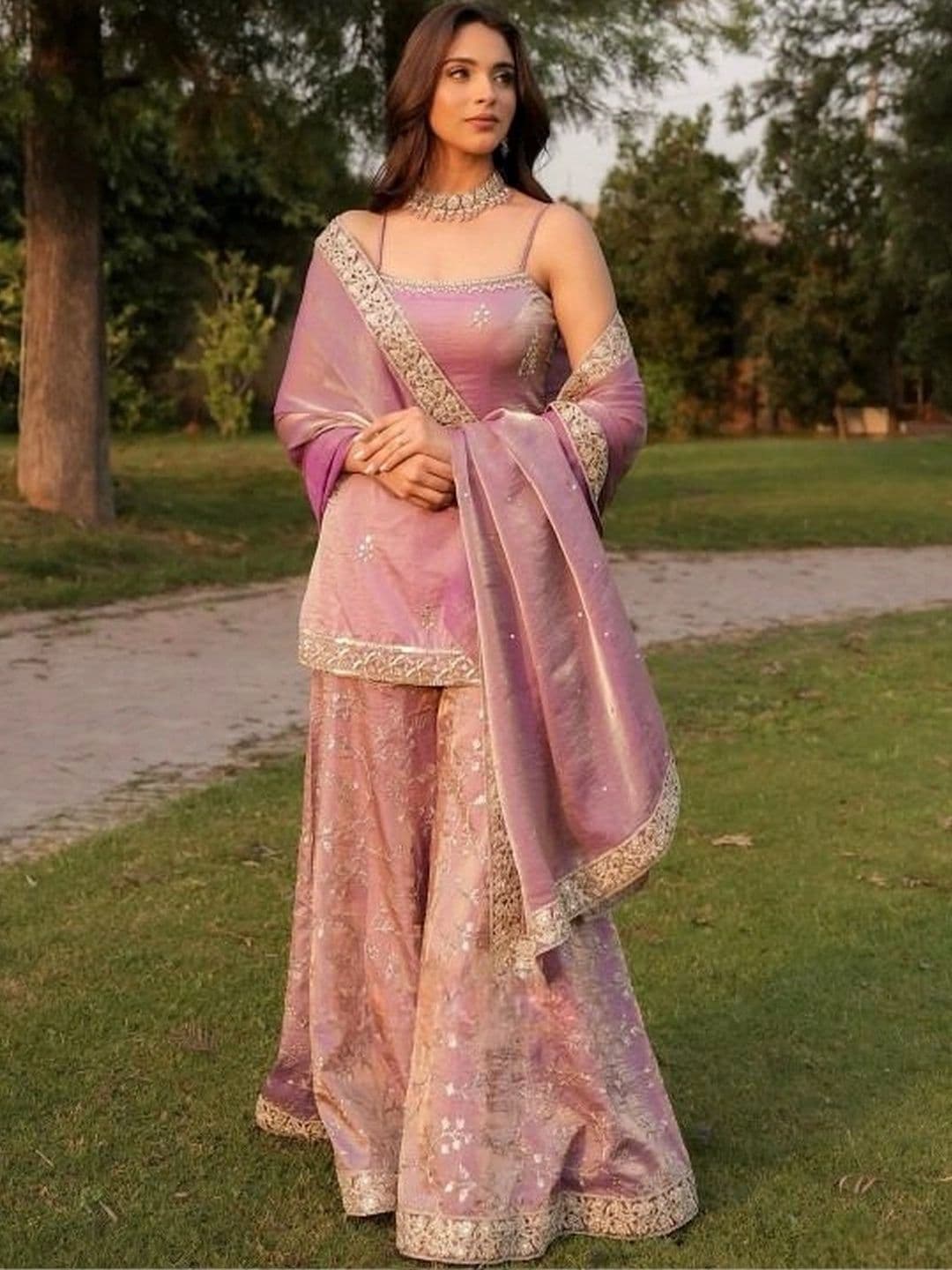HERE&NOW Women Ethnic Motifs Embroidered Regular Kurta with Sharara & With Dupatta - view 1