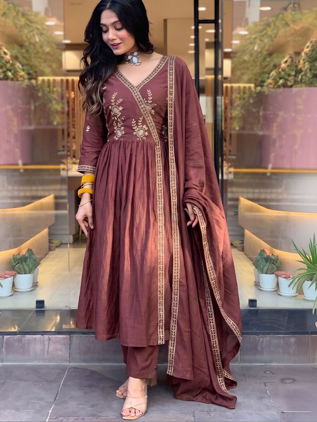 Anouk Women Ethnic Motifs Embroidered Angrakha Gotta Patti Pure Silk Kurta with Trousers & With Dupatta thumbnail 4
