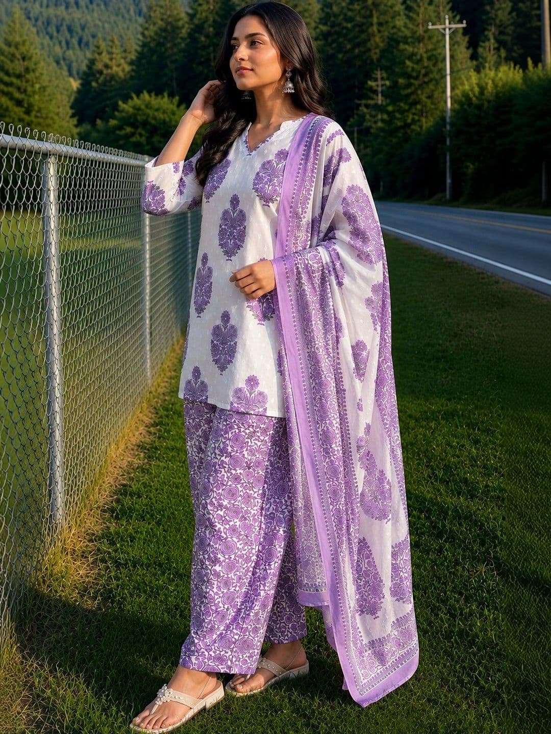 KALINI Women Floral Printed Regular Thread Work Pure Cotton Kurti with Palazzos & With Dupatta thumbnail 4