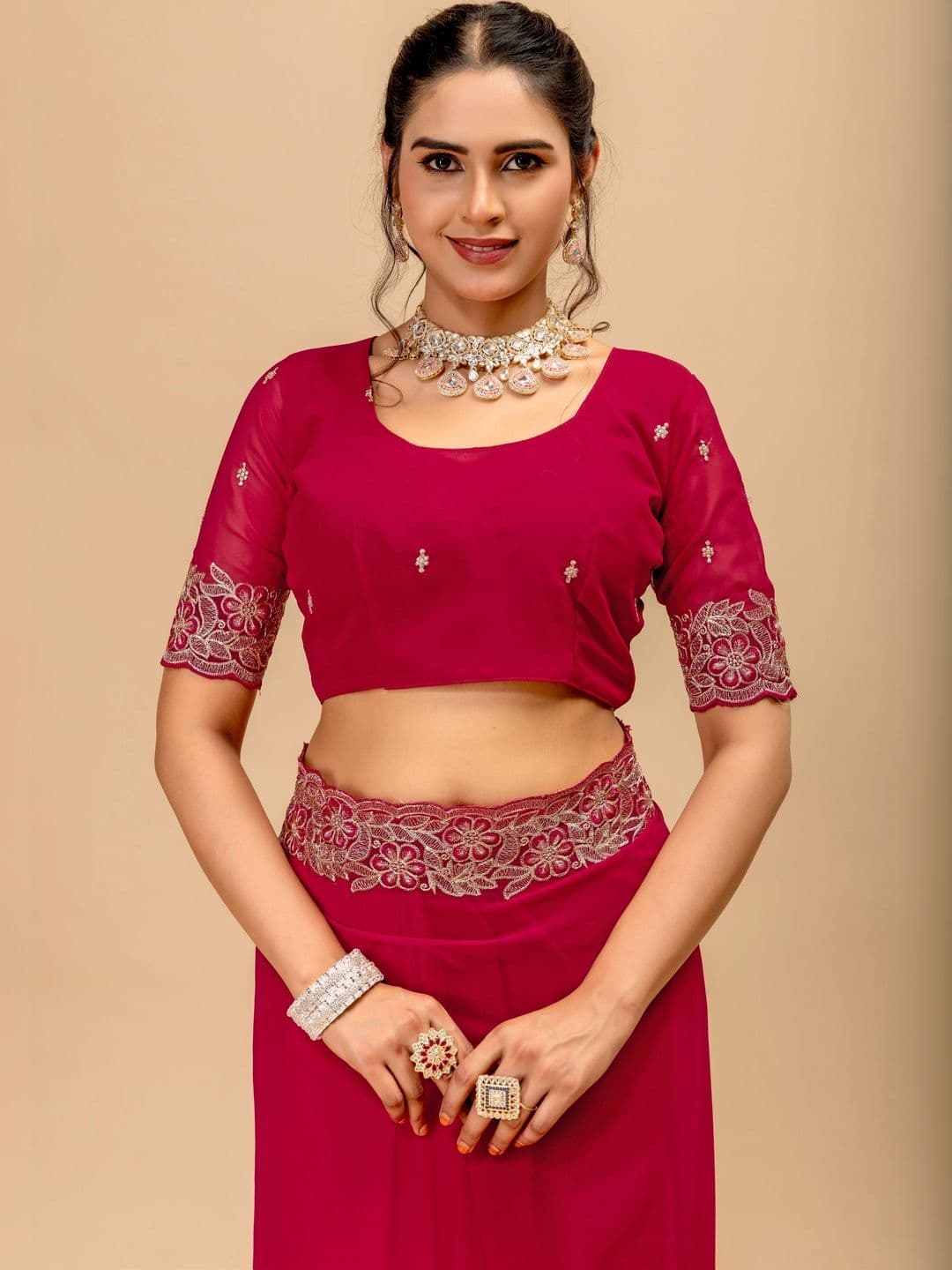 Vastra Drape Floral Embroidered Poly Georgette Saree thumbnail 4