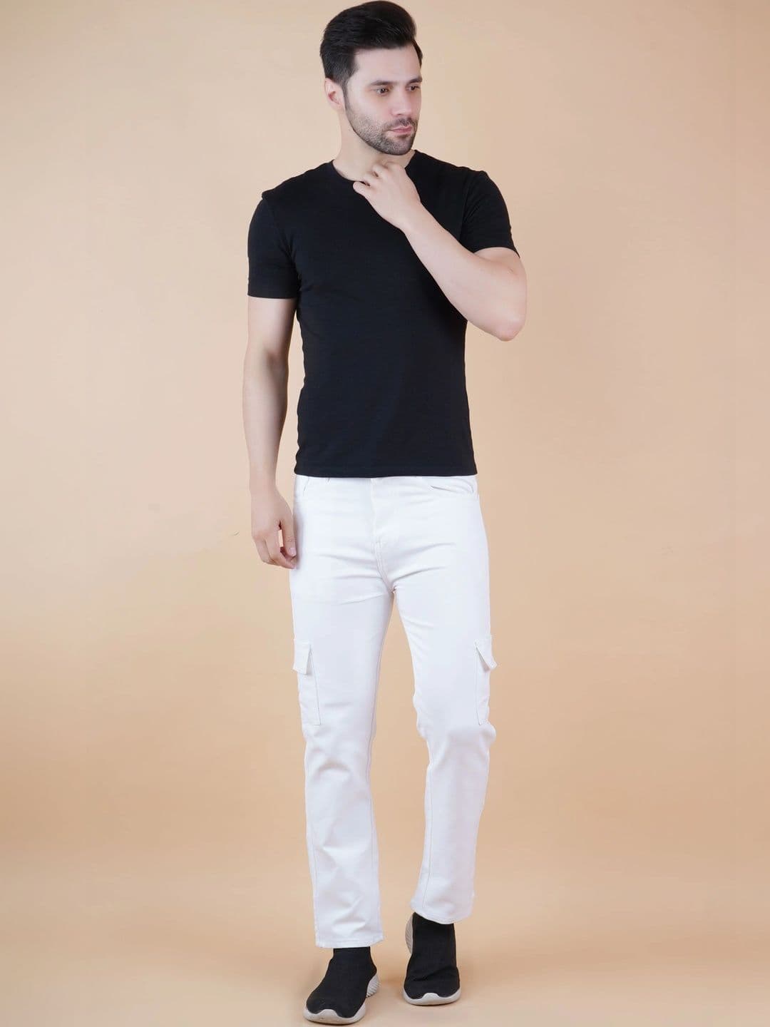 HERE&NOW Men's Solid White Cargo Straight Fit Jeans thumbnail 2