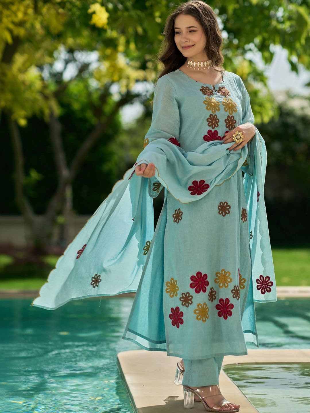 Ijya Women Floral Embroidered Regular Thread Work Chanderi Silk Kurta with Palazzos & With Dupatta thumbnail 7