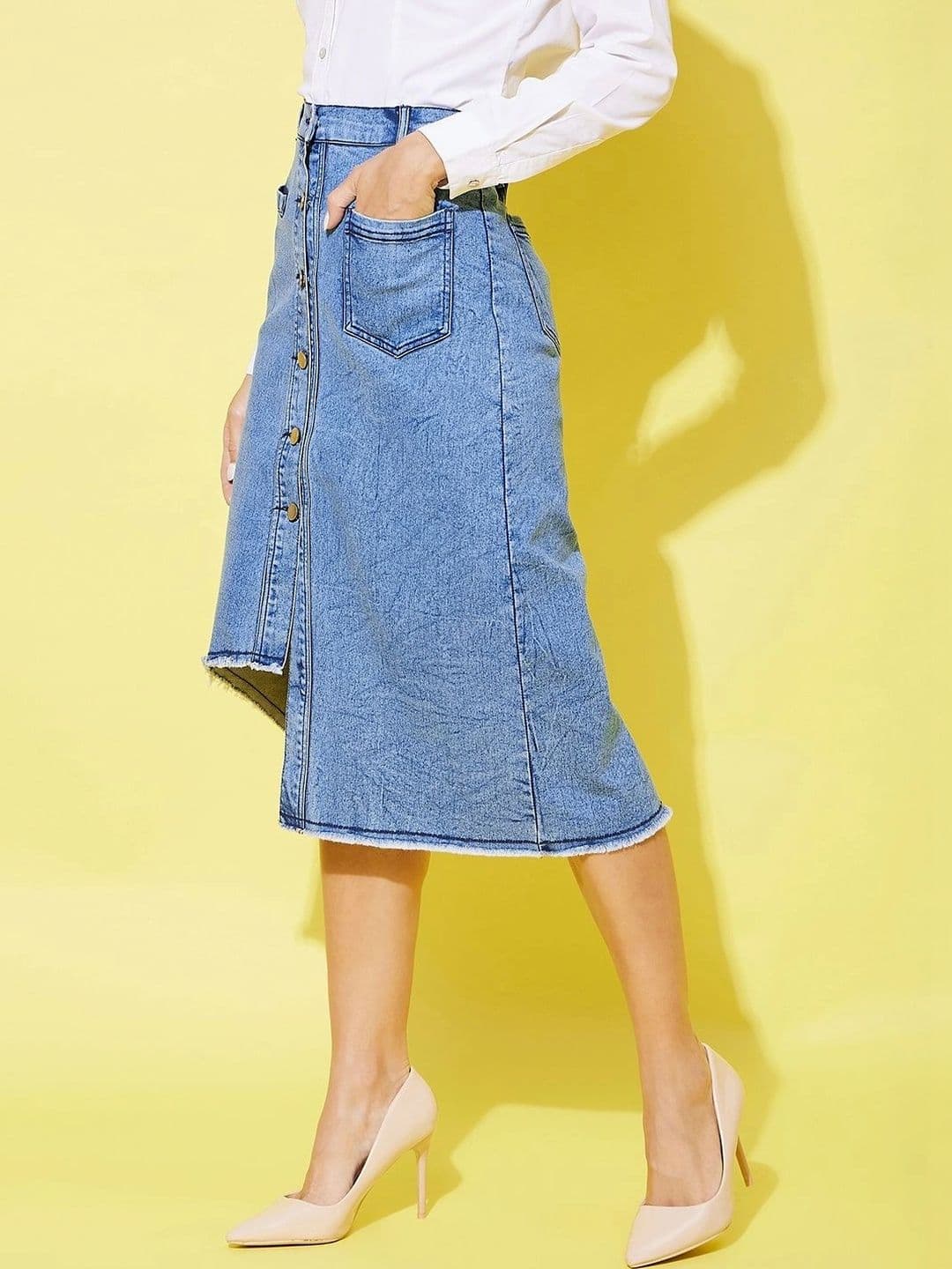 Chemistry Women Denim Washed Front Slit Midi A-Line Skirt thumbnail 2