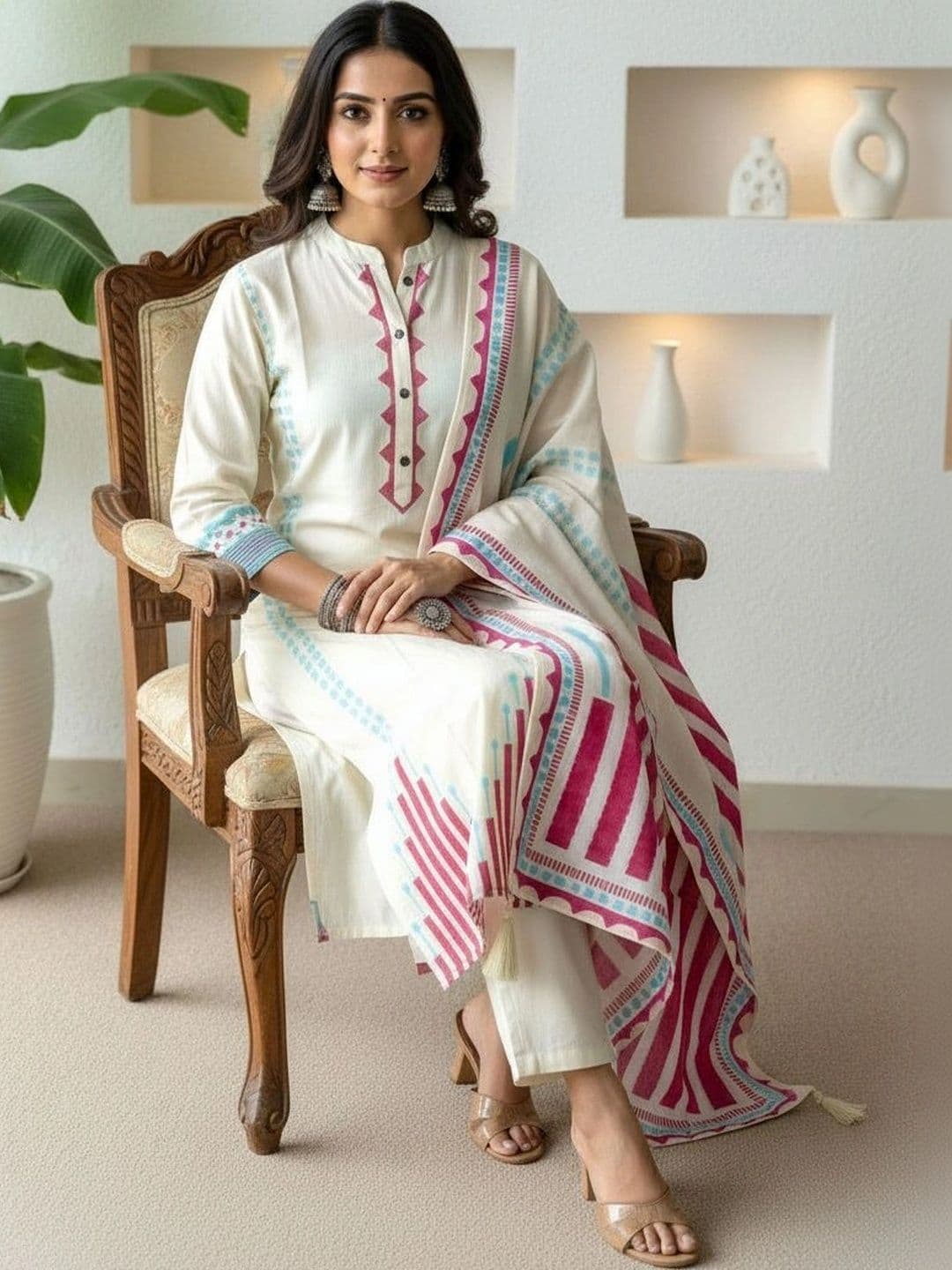 Anouk Women Printed Regular Pure Cotton Kurta with Trousers & With Dupatta thumbnail 6
