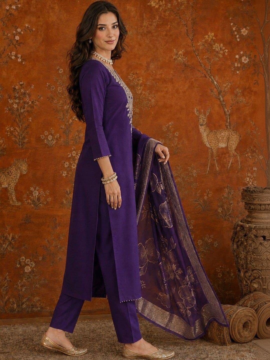 Sangria Women Ethnic Motifs Embroidered Regular Thread Work  Kurta & Trousers With Dupatta thumbnail 3