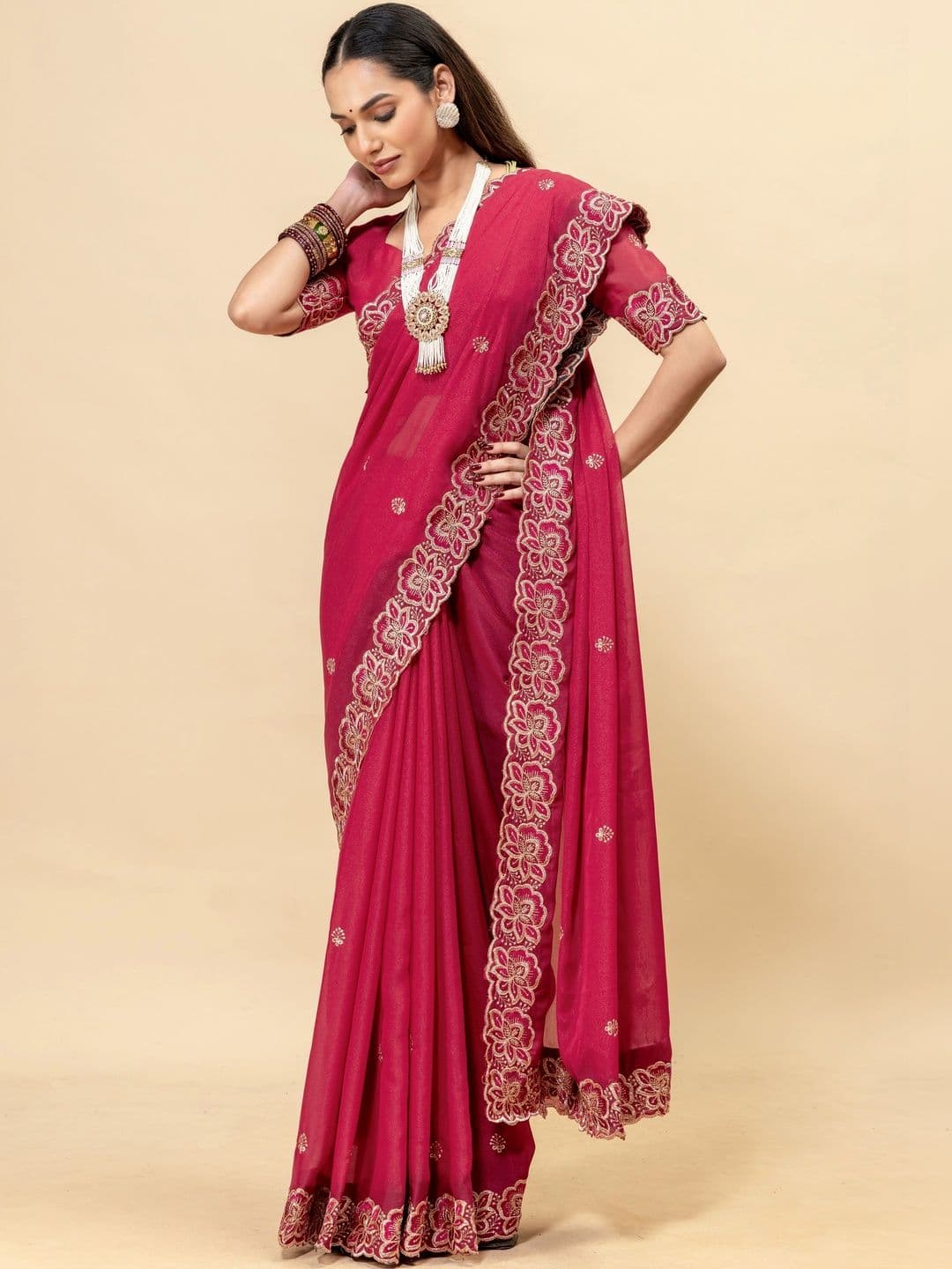 Vastra Drape Embellished Embroidered Poly Georgette Saree thumbnail 4