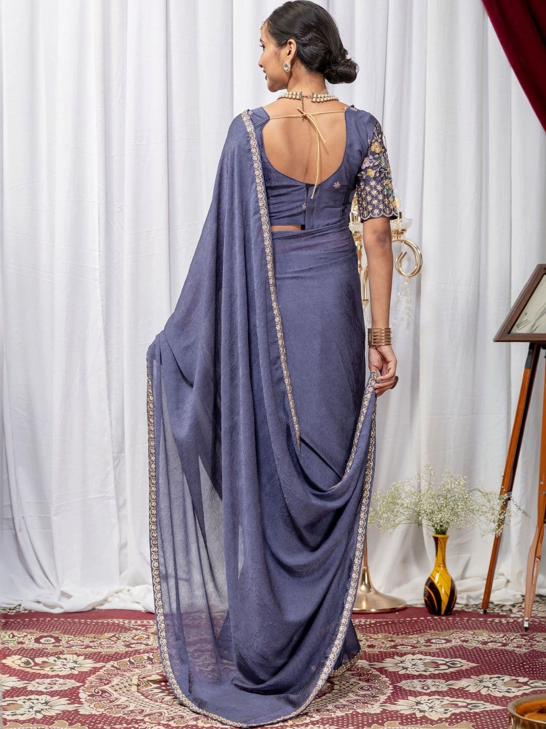 Vastra Drape Embellished Embroidered Poly Georgette Saree thumbnail 5
