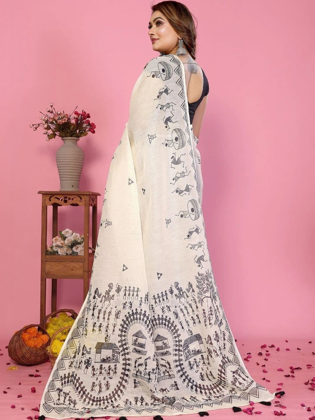 Mitera Warli Linen Blend Designer Saree thumbnail 2