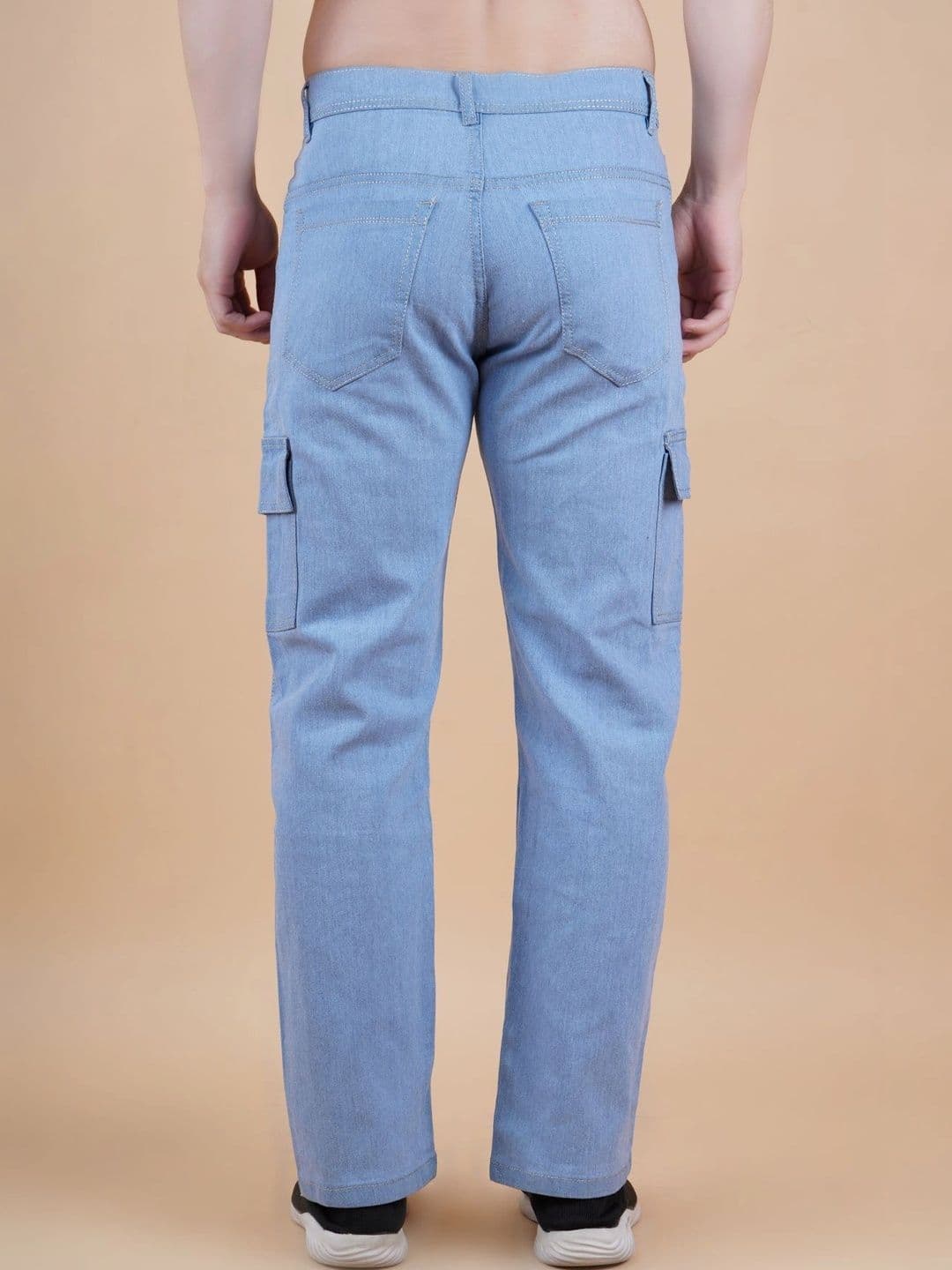 HERE&NOW Men's Light Blue Mid-Rise Straight Fit Cargo Jeans with 6 Pockets thumbnail 4