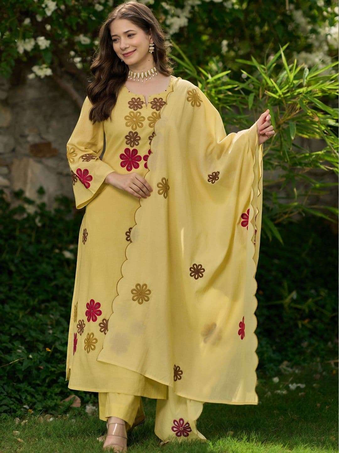 Ijya Women Floral Embroidered Regular Thread Work Chanderi Silk Kurta with Trousers & With Dupatta - view 1