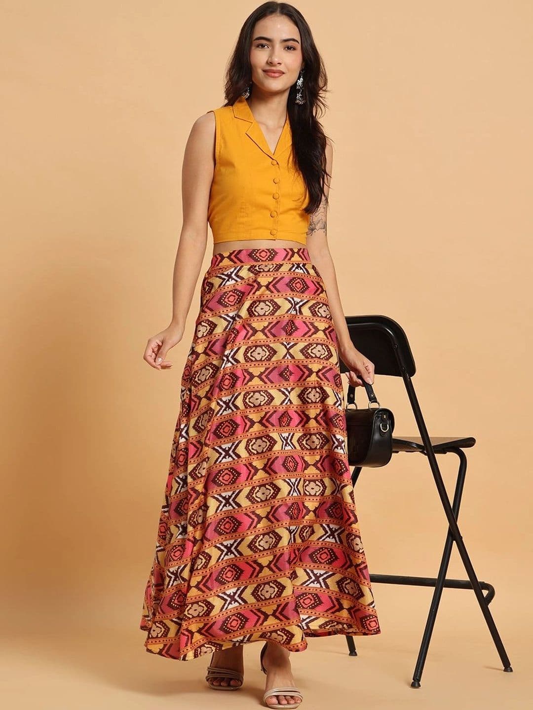 Frolic Rolic Women Geometric Tribal or Aztec Print Maxi Flared Skirt thumbnail 3
