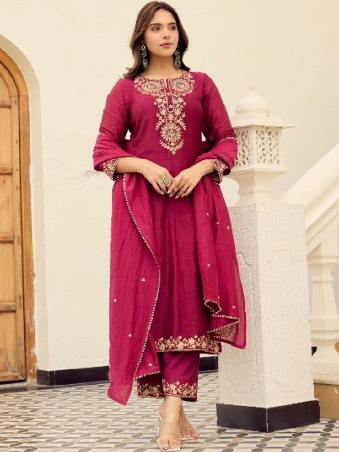 KALINI Women Ethnic Motifs Embroidered Regular Thread Work Kurta with Trousers & Dupatta - view 1