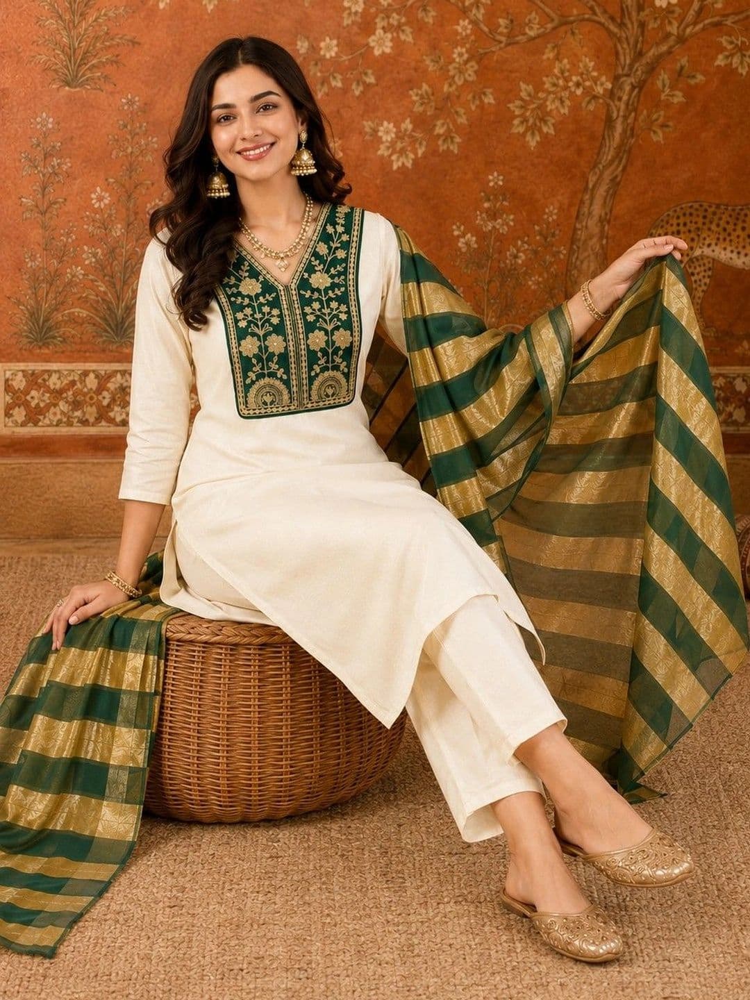 Sangria Women Ethnic Embroidered Regular Thread Work Kurta with Trousers & With Dupatta thumbnail 5