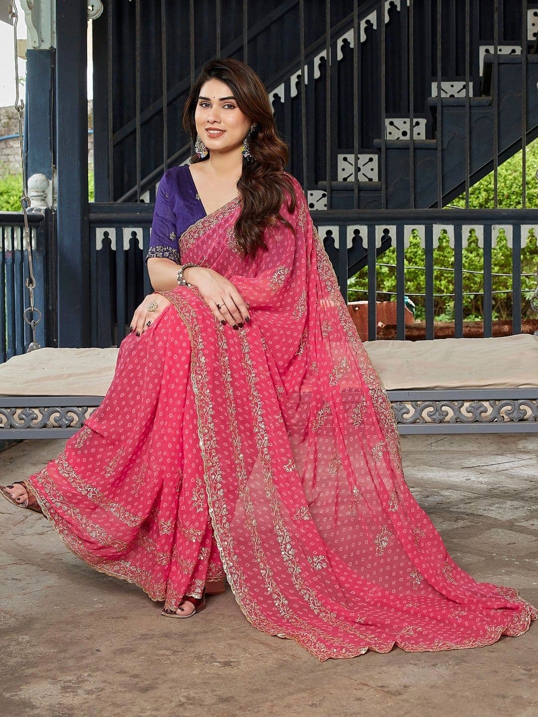 Mitera Bandhani Embroidered Pure Georgette Designer Saree thumbnail 3