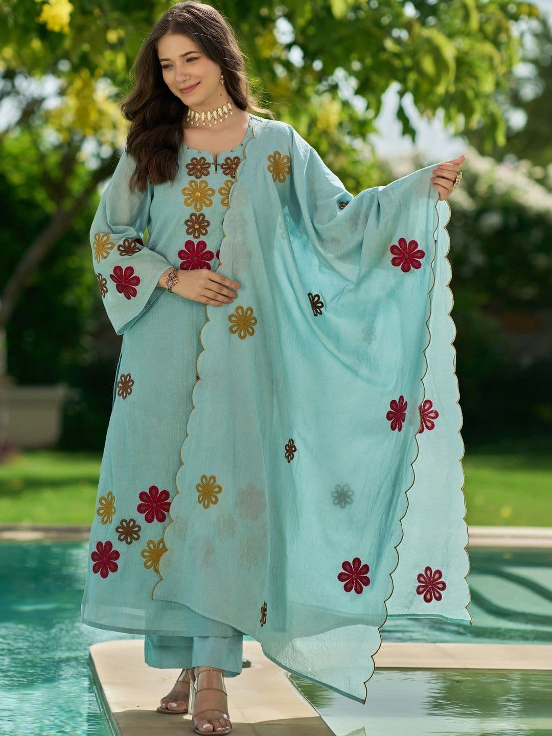 Ijya Women Floral Embroidered Regular Thread Work Chanderi Silk Kurta with Palazzos & With Dupatta - view 1