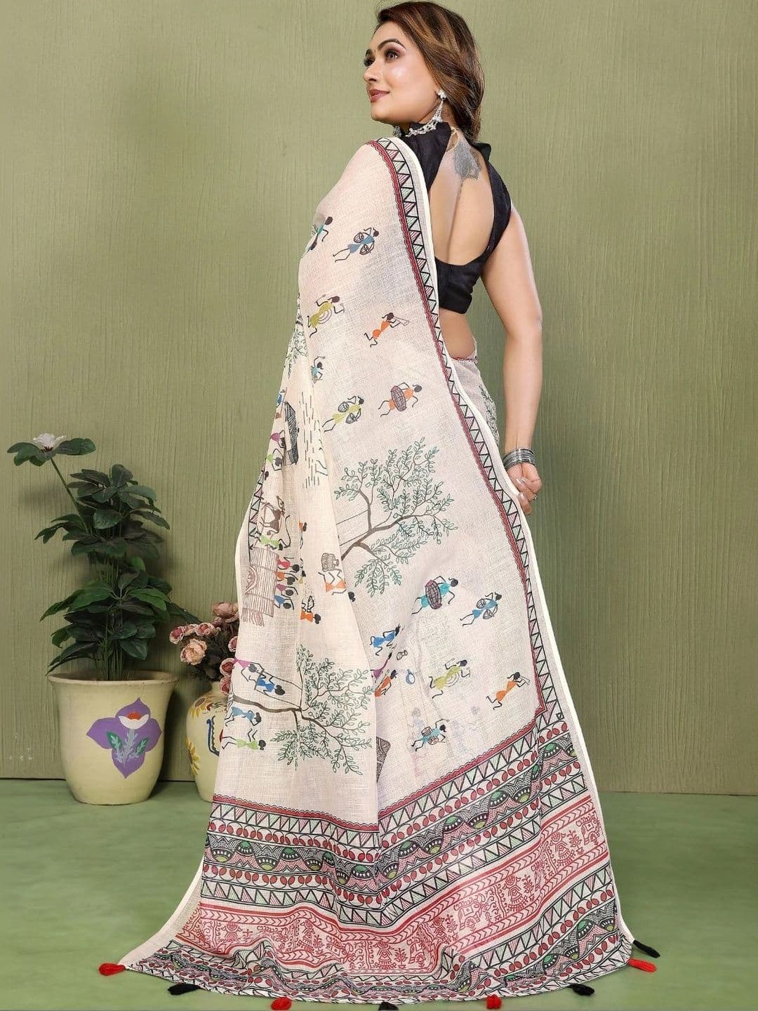 Mitera Warli Linen Blend Designer Saree thumbnail 2