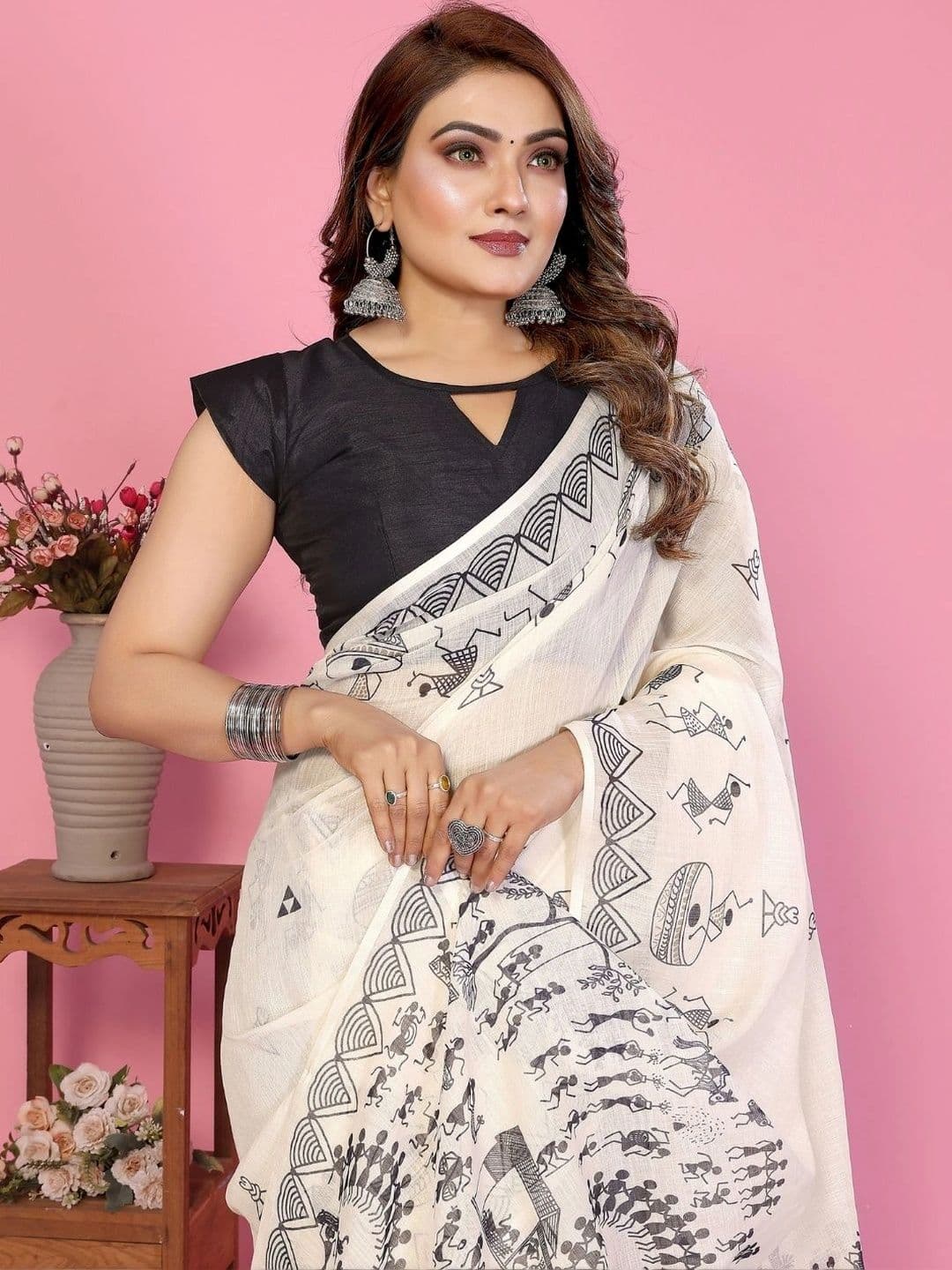 Mitera Warli Linen Blend Designer Saree thumbnail 4
