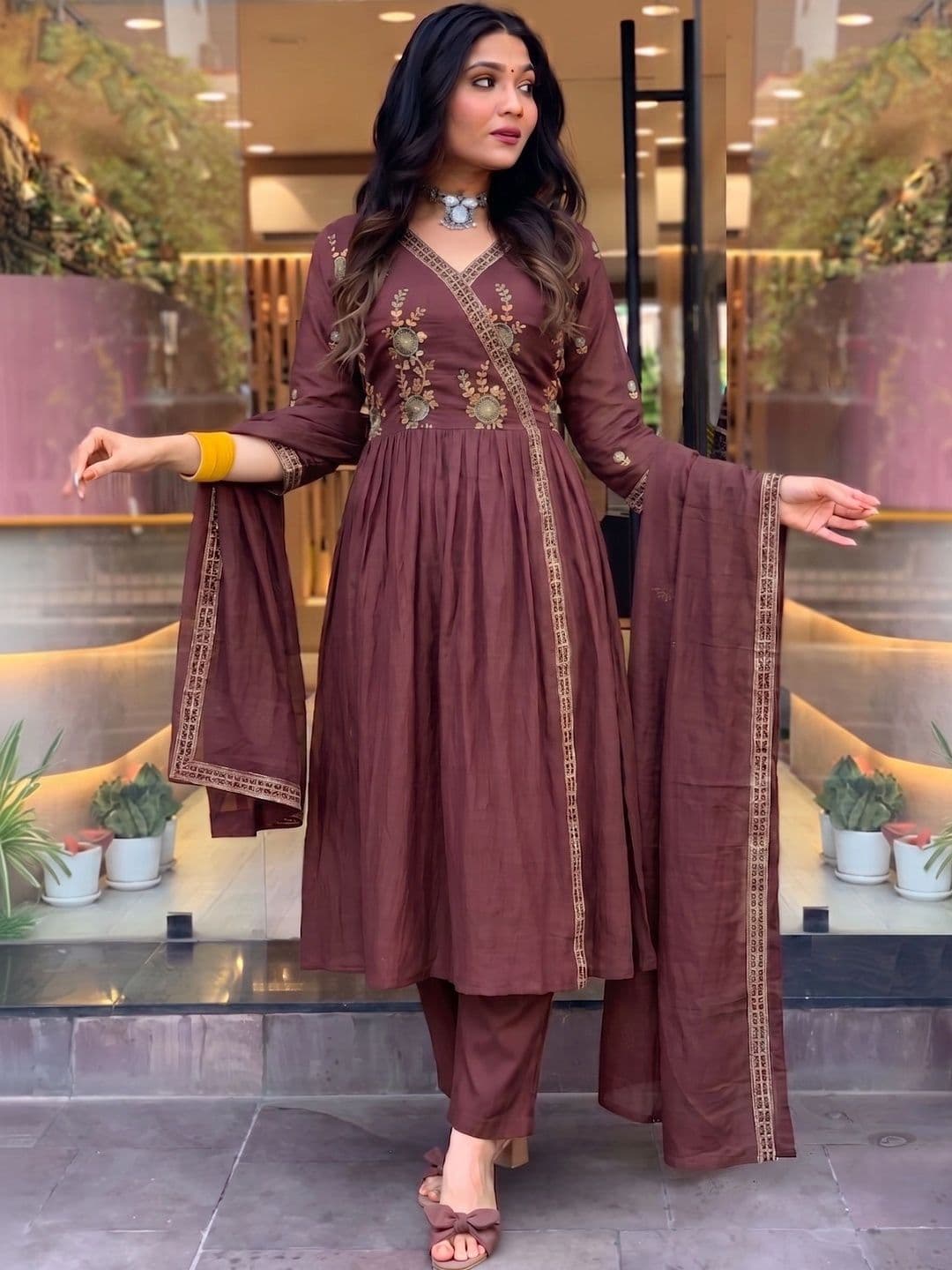 Anouk Women Ethnic Motifs Embroidered Angrakha Gotta Patti Pure Silk Kurta with Trousers & With Dupatta thumbnail 6