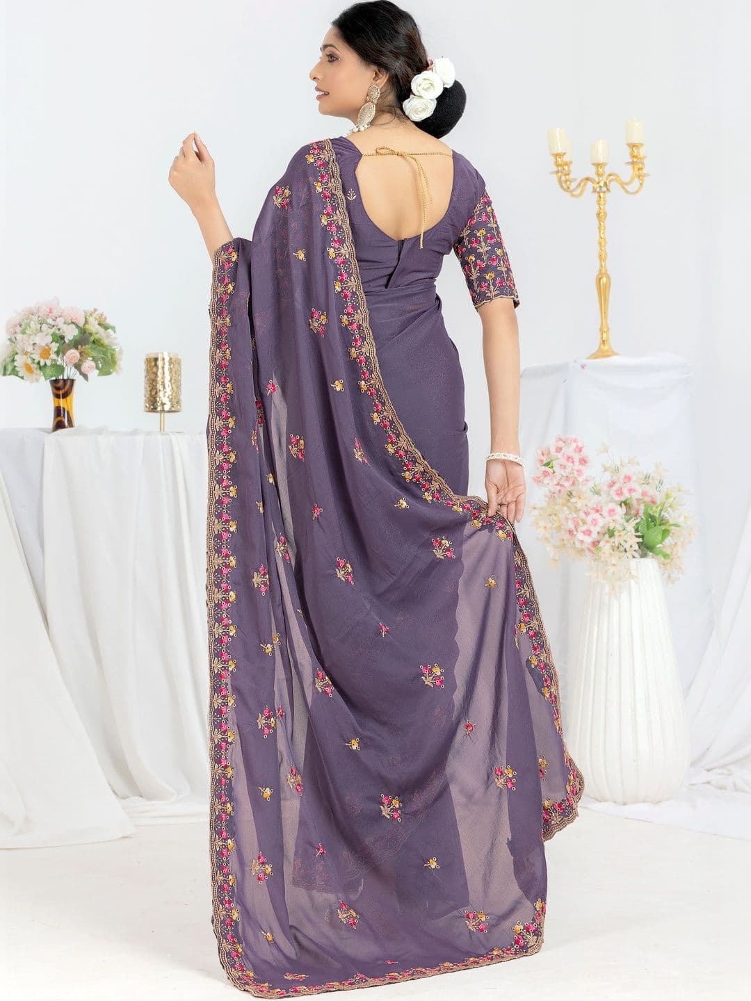Saanvi Embellished Embroidered Poly Georgette Saree thumbnail 6